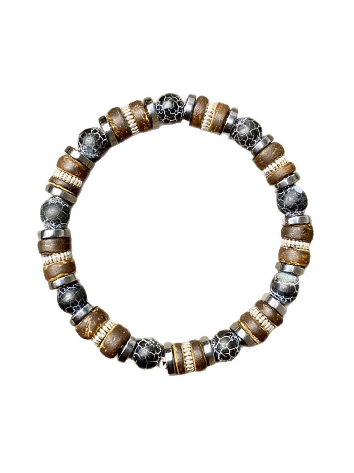 Natural Hematite & Weathered Wood Beaded Stretch Bracelet for Men, Retro Bangle, Rustic Earthy Style, Everyday Casual Wear, Thoughtful Gift