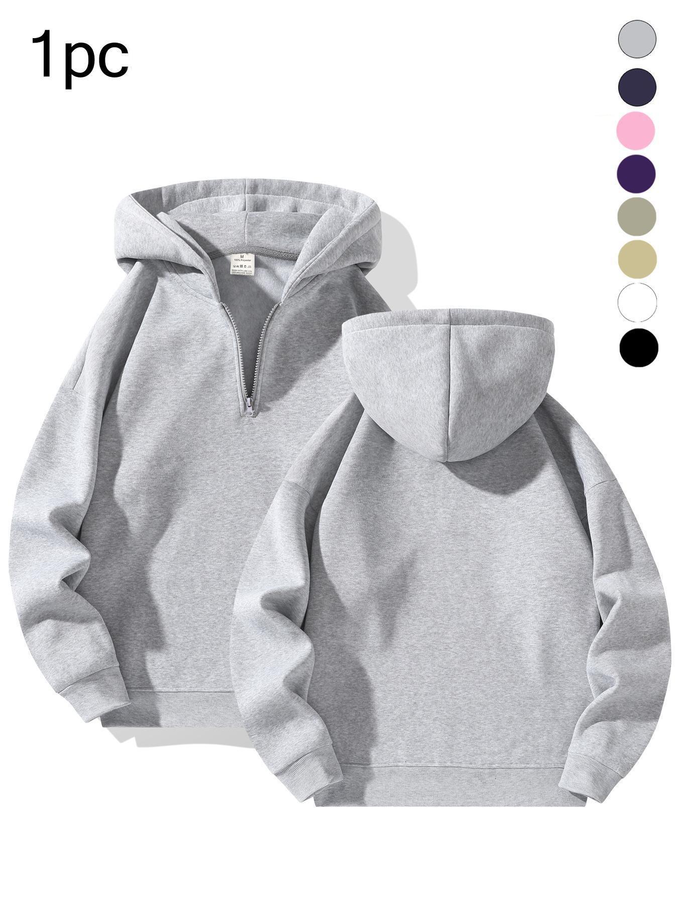 Men's Plain Half Zip Drop Shoulder Essentials Hoodie, Street Fashion Hoodie, Regular Fit Casual Long Sleeve Hooded Sweatshirt for Fall & Winter, Men's Clothes for Daily Wear