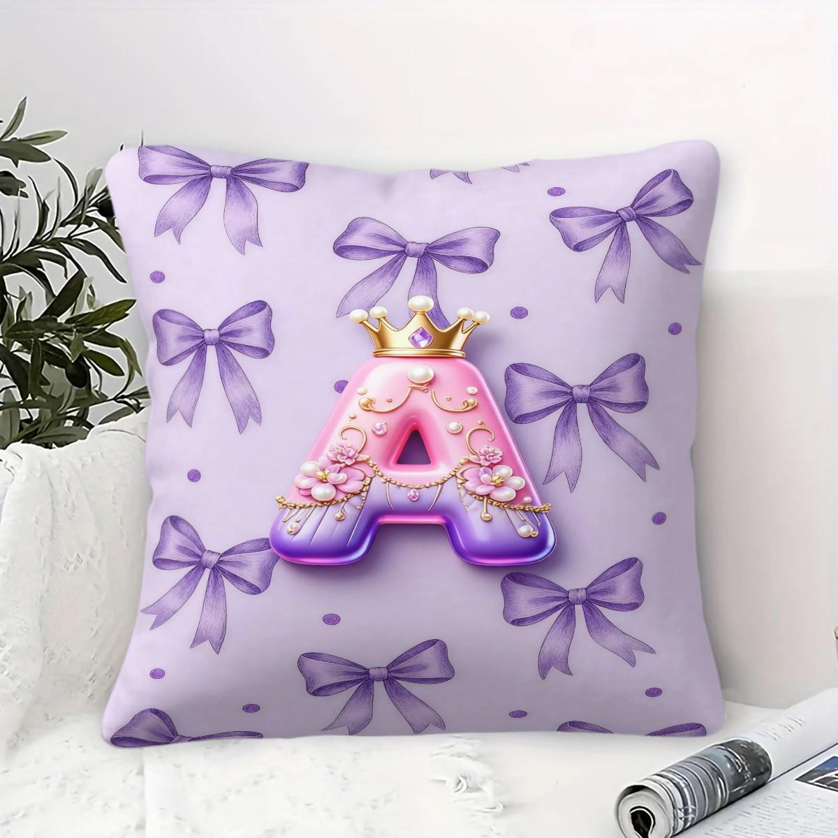 Purple 3D Letter A-Z Crown Throw Pillow 1 Pc with Insert, Soft Comfortable Square Cushion with Zipper Closure for Sofa Chair & Bedroom, Exclusive Customization with Initials Gift, Princess Style Home Decor