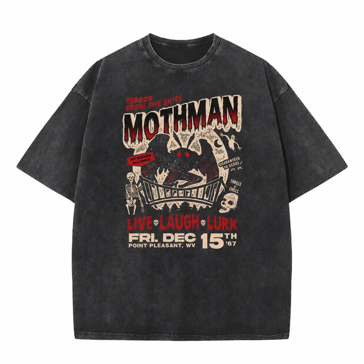 Men's Casual Round Neck Short-Sleeve T-Shirt, Mothman Point Pleasant WV Retro Cryptid Terror Graphic, Unisex Washed Batik Cotton Stretch Fabric, Pre-Shrunk Super Soft Vintage, S-5XL Streetwear
