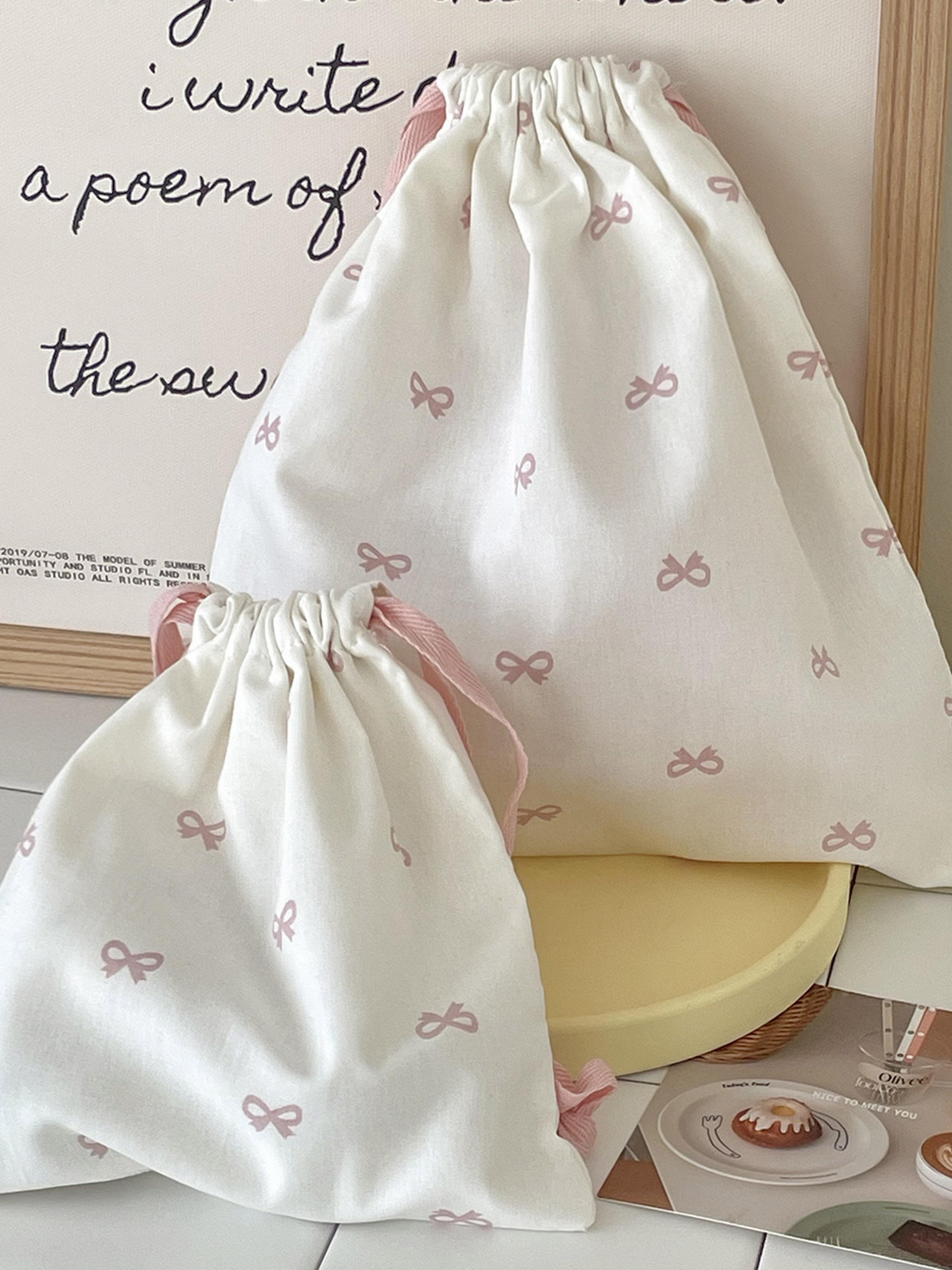 Sweet Bow Print Storage Bag Drawstring Backpack Cute Student Portable Travel Digital Organizer Hanging Bag New Year Valentine's Gift