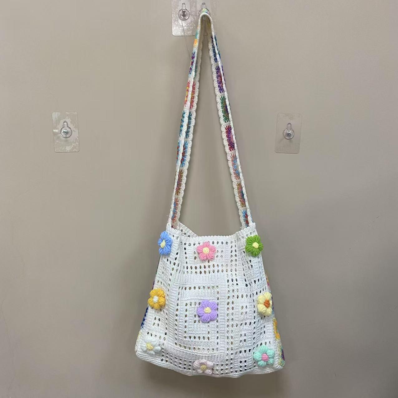 Handmade Crochet Hollow Flower Tote Bag, 5 Colors Available, Summer Fresh Weave Shoulder Bag, Beach Vacation Casual Large Capacity Crossbody Bag