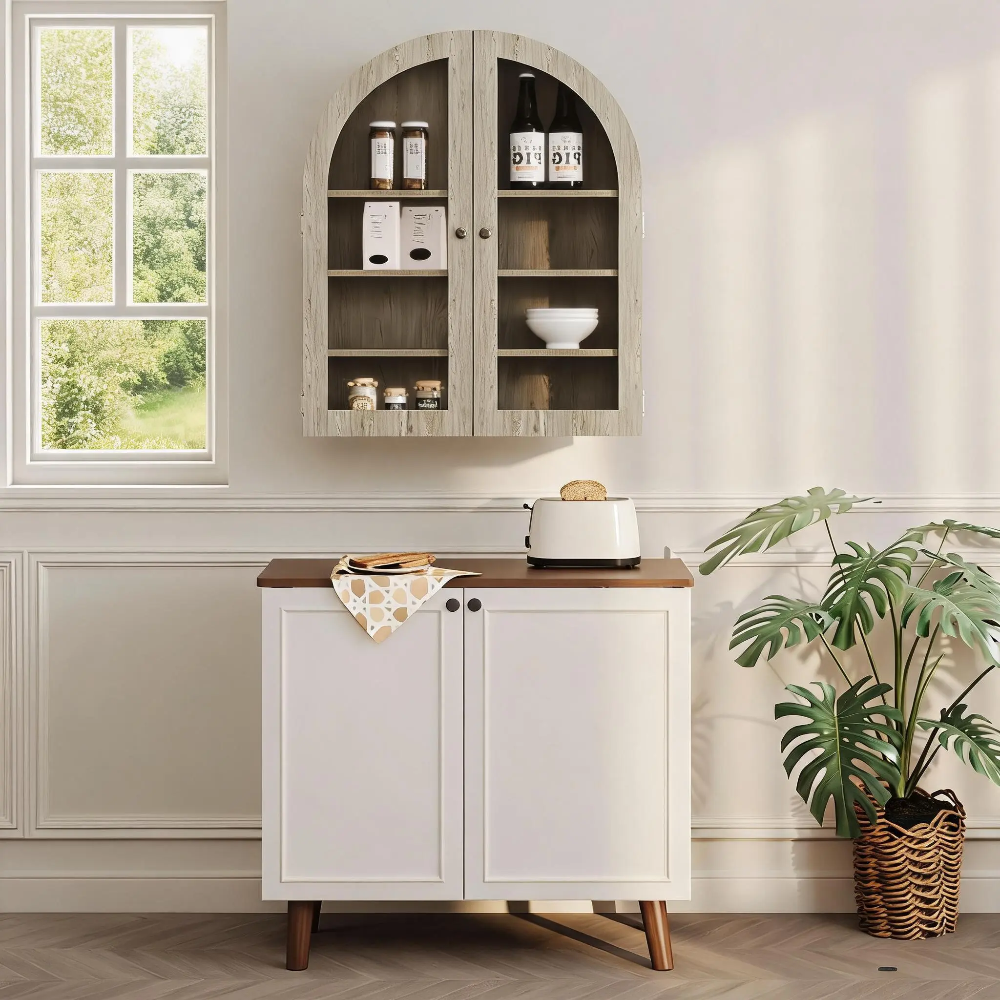 Arched Bathroom Wall Cabinet, Wall Mounted Display Cabinet with Glass Doors & Adjustable Shelves, Medicine Cabinet for Living Room Kitchen