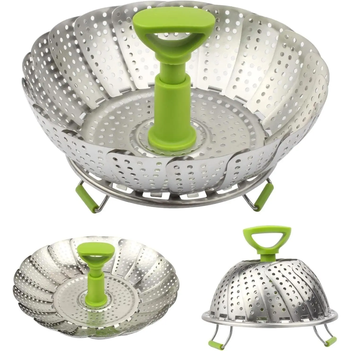 Folding Stainless Steel Steamer Basket (5.5-9 Inches) with Heat Resistant Handle, Ideal for Cooking Seafood Vegetables Fruits, Expandable Easy to Clean Dishwasher Safe