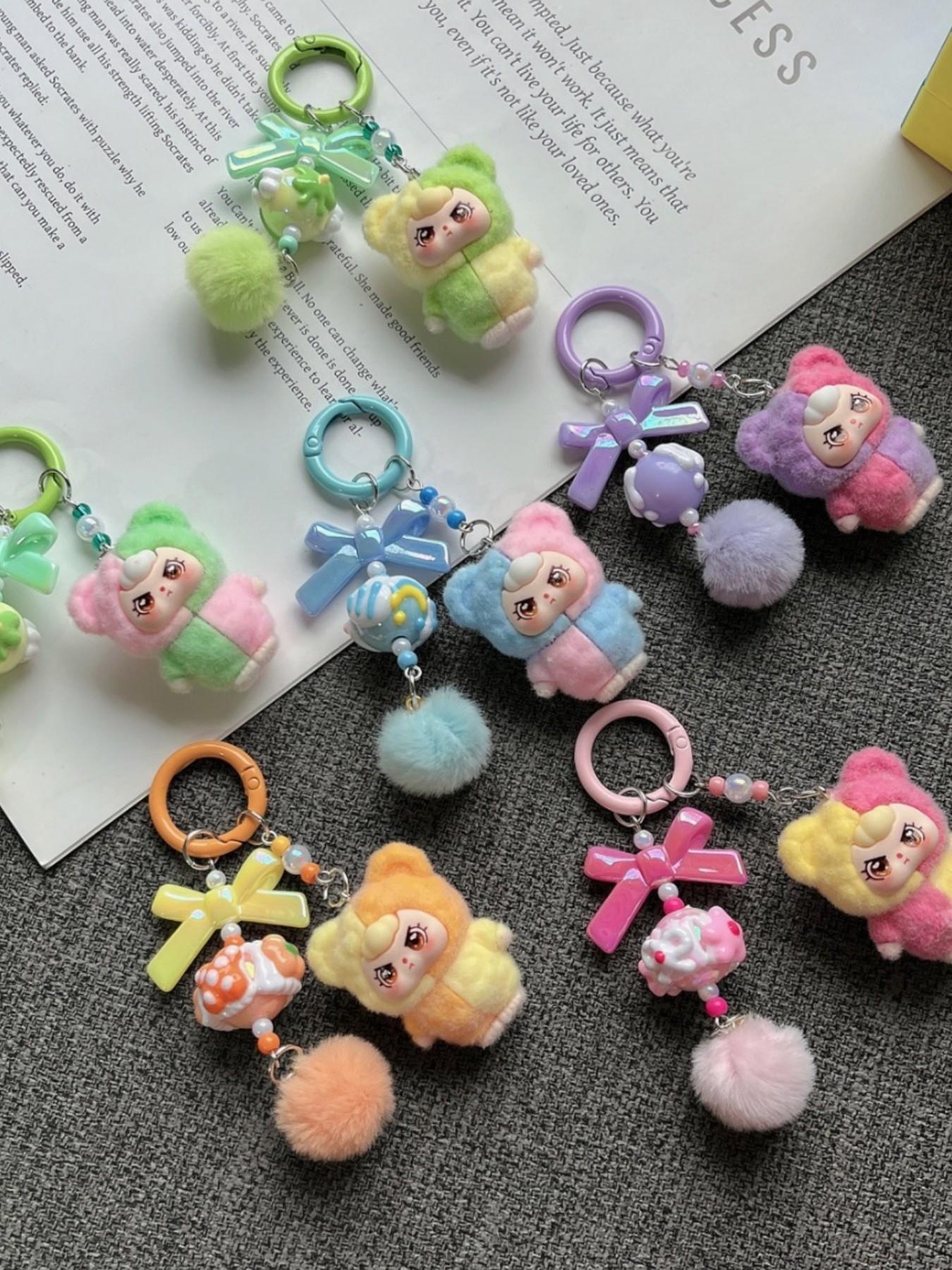 Kawaii Cute Dopamine Flocked 3-Year-Old Doll Keychain, Color Block Bow Moe Beads Bag Charm, Sweet Backpack Pendant Car Key Ornament Phone Strap, Ideal Birthday Christmas Valentine's Day Gift for Student Girls