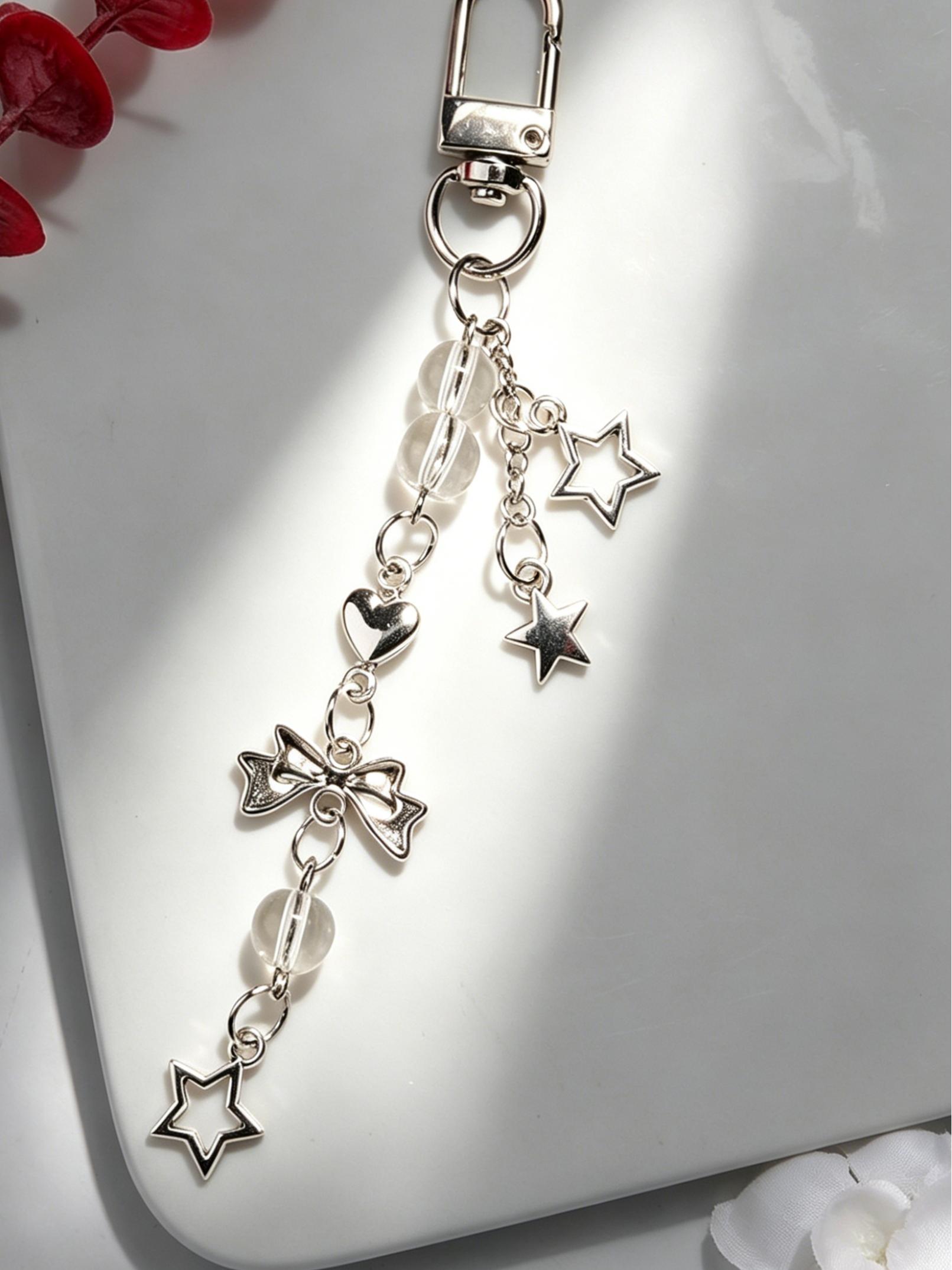 Sweet Bow Phone Chain, Heart Star Metal Keychain, Bag Pendant, Crystal Fringe Charm, Simple Multi-Functional Accessory