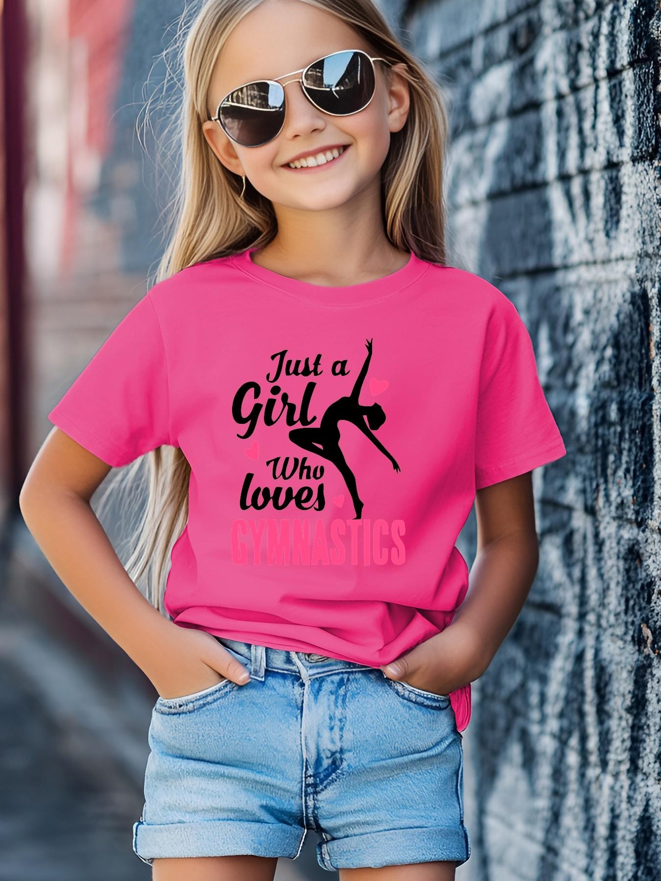 Summer Gym Lover Just a Girl Print Girls Short Sleeve T-Shirt, Cute Cartoon Pattern, Fitted Style, Casual Wear