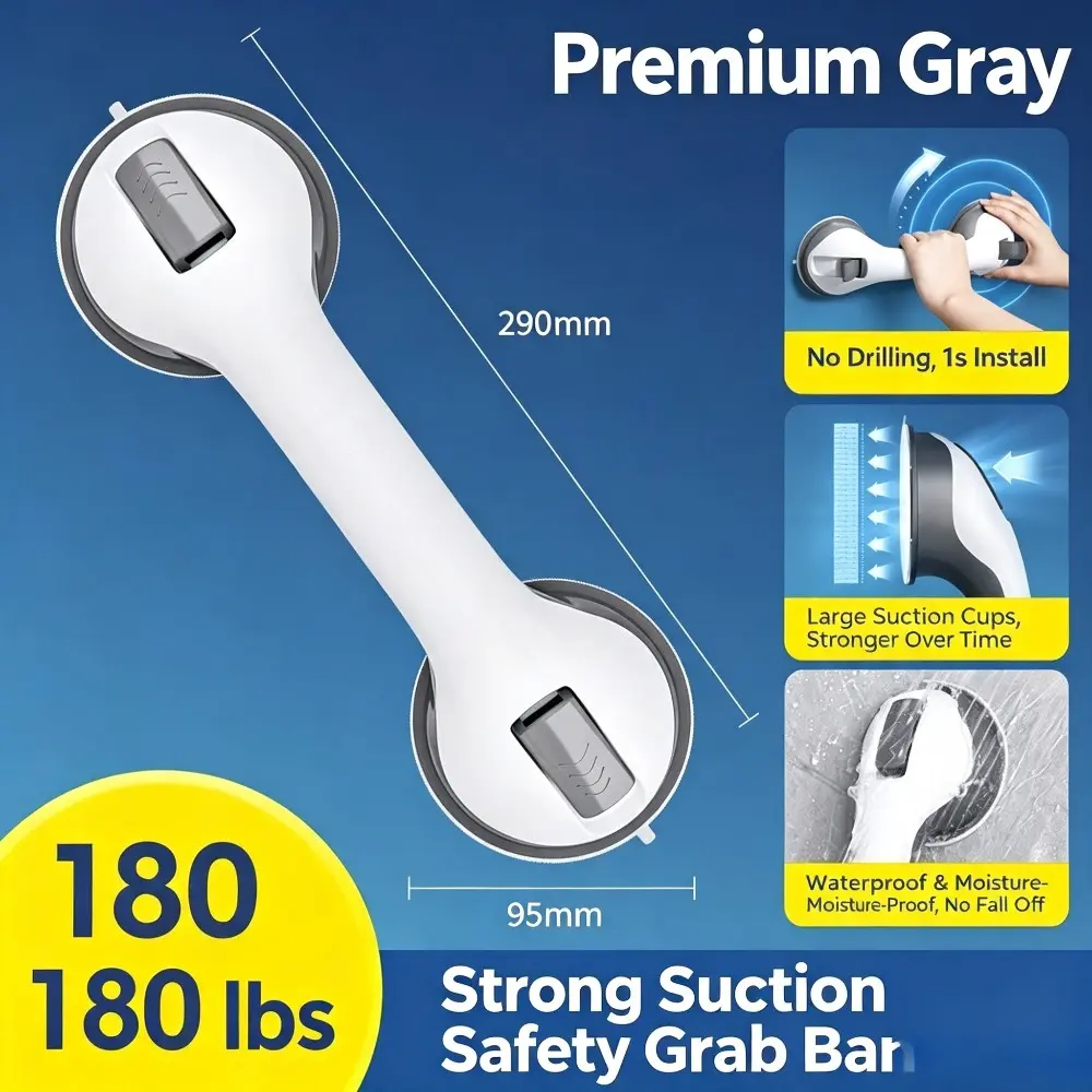 2 Pack Suction Grab Bar, Bathroom Shower Balance Assist Handle, Non Slip Bath Safety Handrail for Bathtub, Strong Suction Cup Shower Support Grip Only Suitable for Tile, Glass & Hard Plastic Surfaces