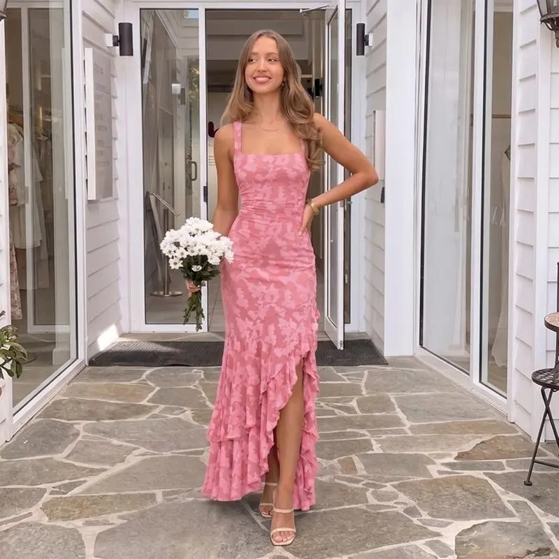 Fashion Cute Women Fitted Floral Jacquard Maxi Dress, Comfort Square Neck Ruffled Ruched Mermaid Skirt, Elegant Beach Vacation Outfit, Best Valentine’s Day Gift for Her, Ideal Holiday Present for Family & Friends