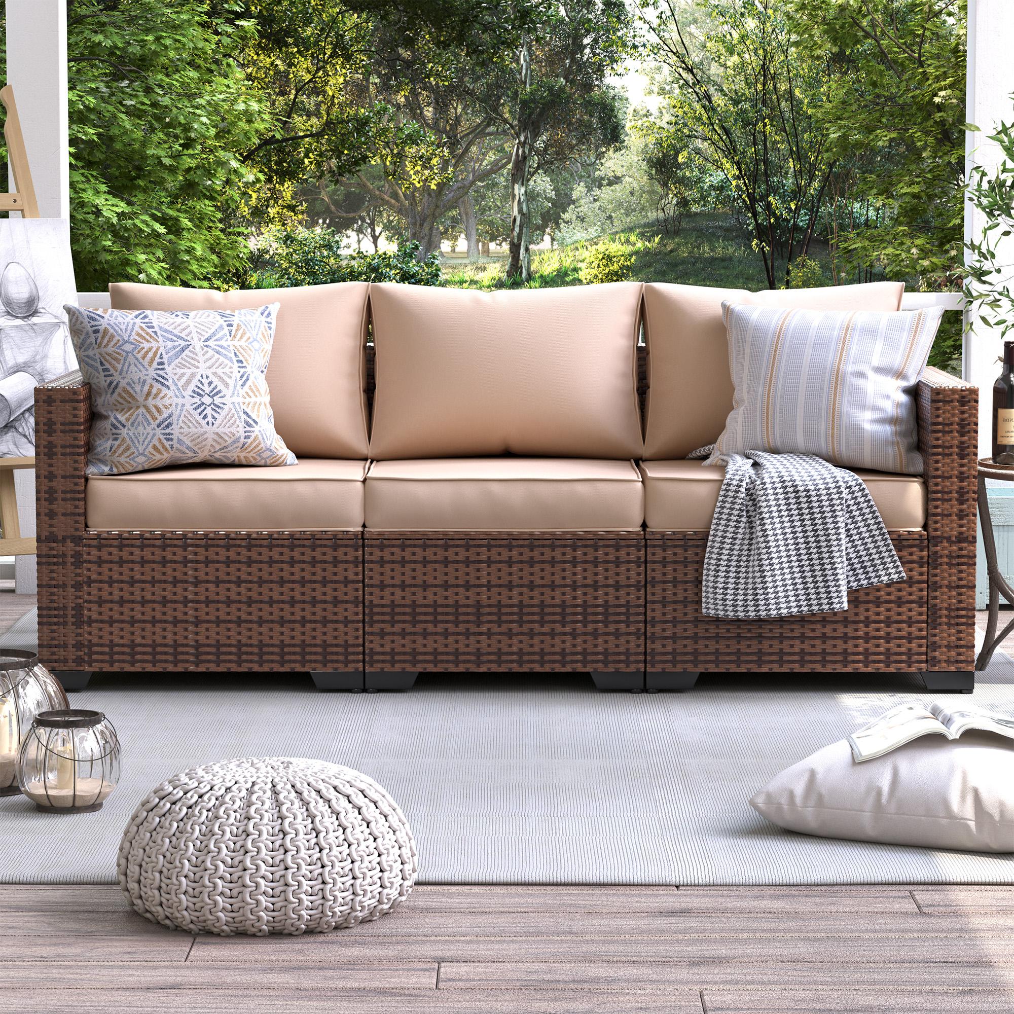 UDPATIO 3-Seat Patio Wicker Sofa, Outdoor Rattan Sectional Couch Furniture Steel Frame w/Furniture Cover Non-Slip Cushion and Deep Seating High