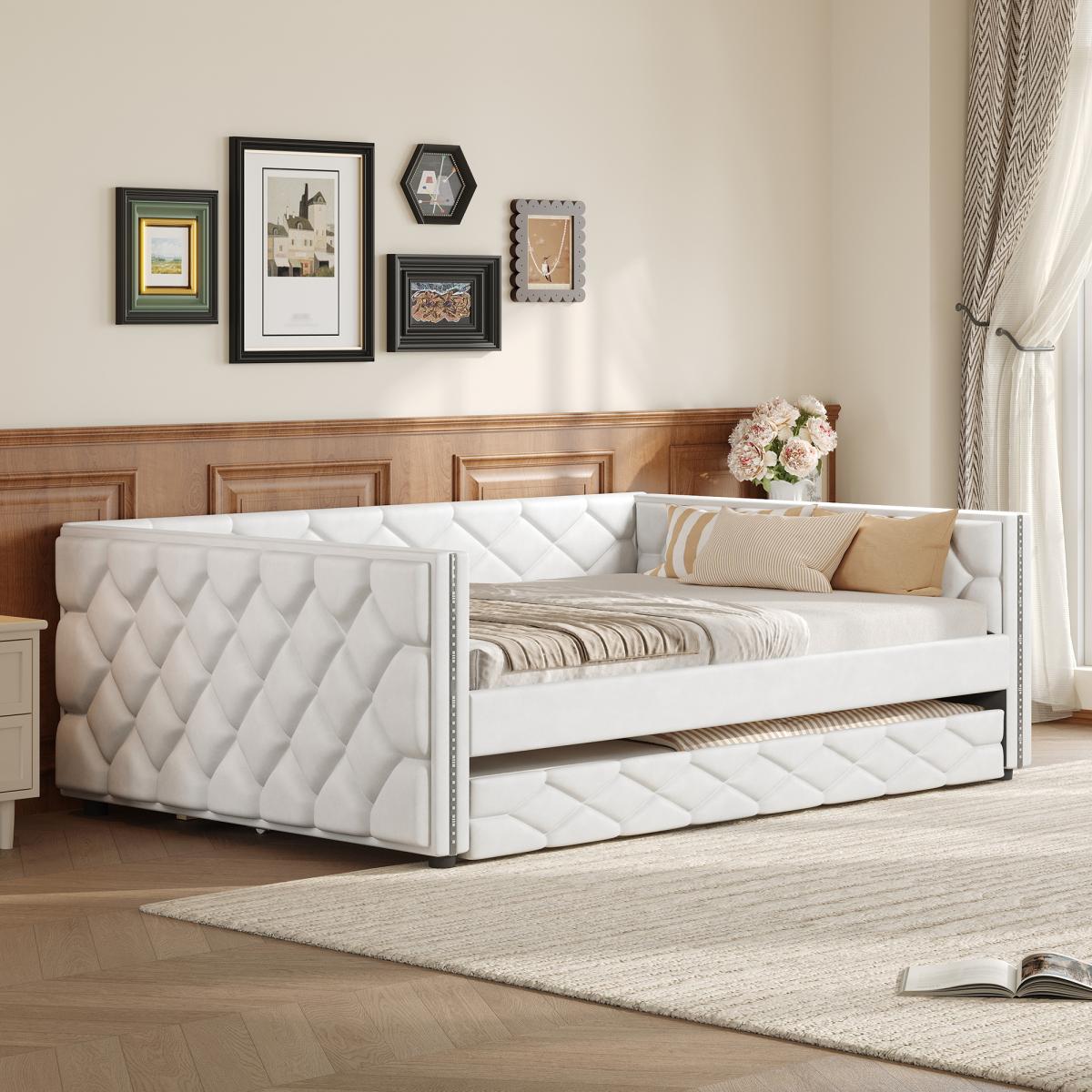 PU Leather Upholstered Daybed with Pull Out Trundle Bed, LED Light Armrests, Multi-Functional Sofa Bed, Solid Wood Frame for Guest Room