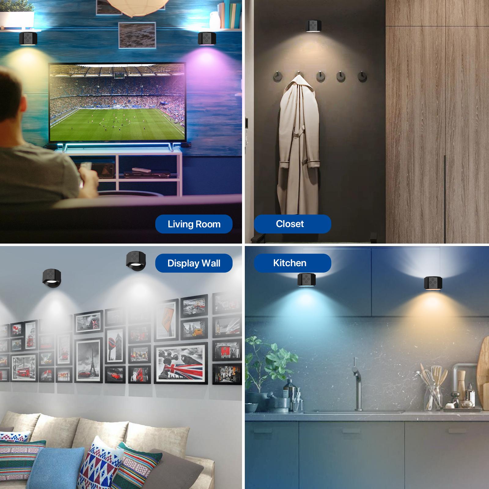 GLITGATE Adjustable RGB Light, Two Side Wireless Wall Lamp, Magnetic RechargeableNight light, Remote and Button Control Wall Sconce, Book Lights for Bedroom,living room,Kids Study,Display Wall, Hallway, Kitchen, Stair, Basement