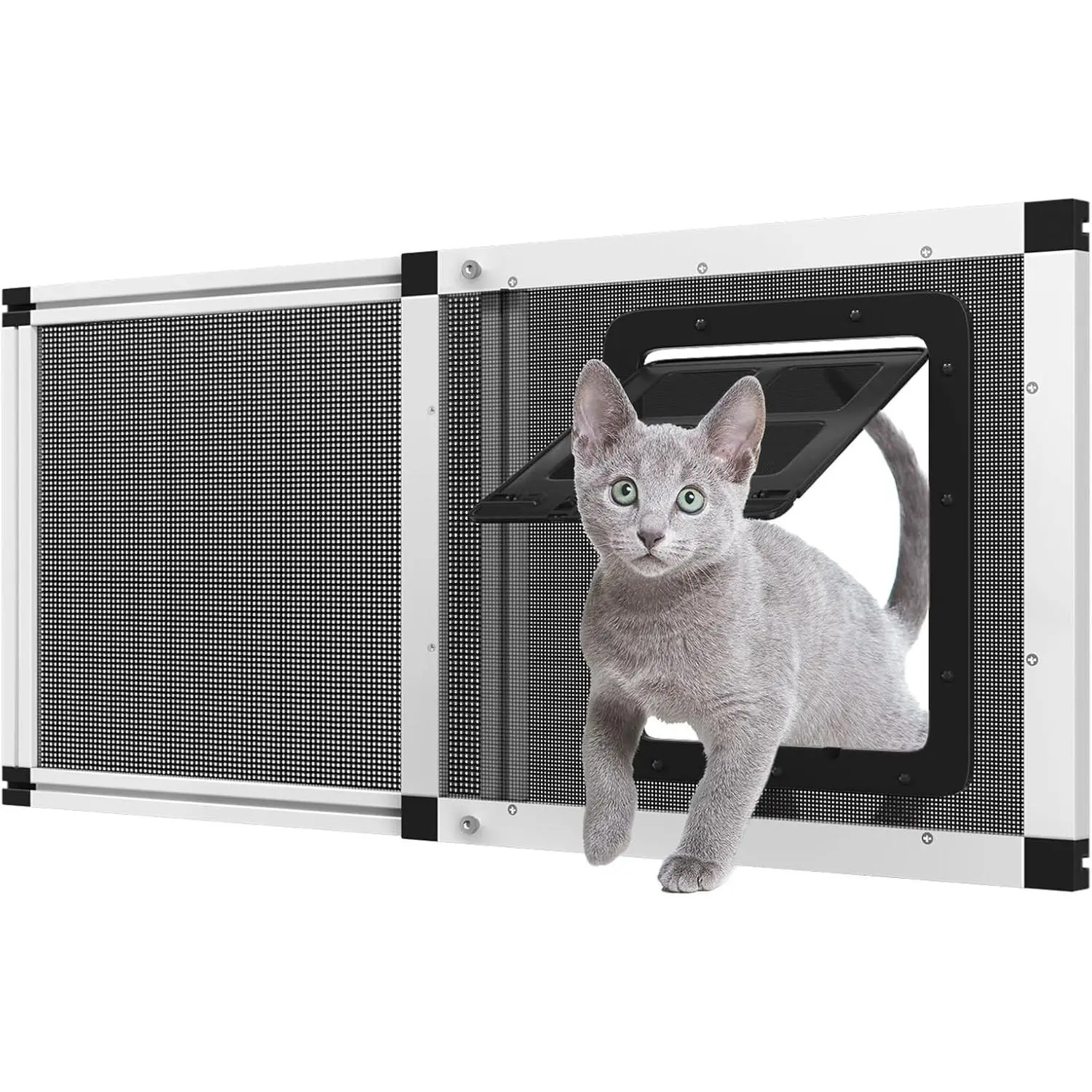 Ventilated Pet Door for Window, Fits 28.5"-32" Width Window, 2-Min Install | Aluminum Frame + Stainless Steel Mesh | Breathable Bug-Proof | Magnetic Closure Window Cat Door, Cat Door for Window Insert