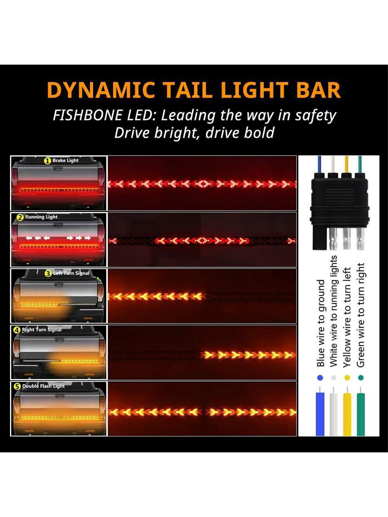 Fishbone-Shaped LED Tailgate Light Bar, 60-Inch LED Tailgate Lights, Brake, Running & Sequential Turn Signals, for Trucks, Pickups, Suvs, Rvs