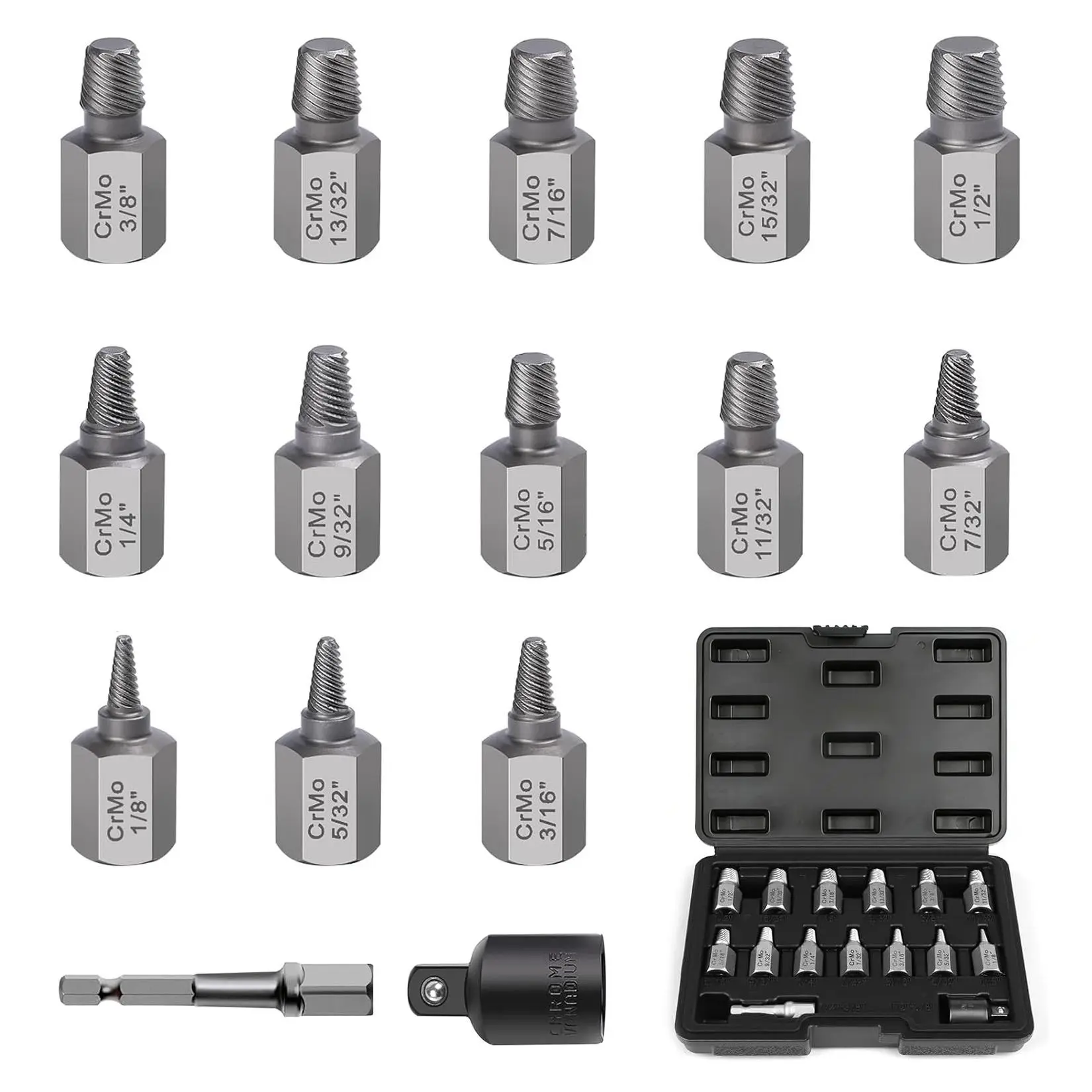 15 Piece Steel Broken Bolt Extractor  – Screw and Bolt Remover Kit for Stripped, Rusted, or Broken Fasteners – Includes Storage Case