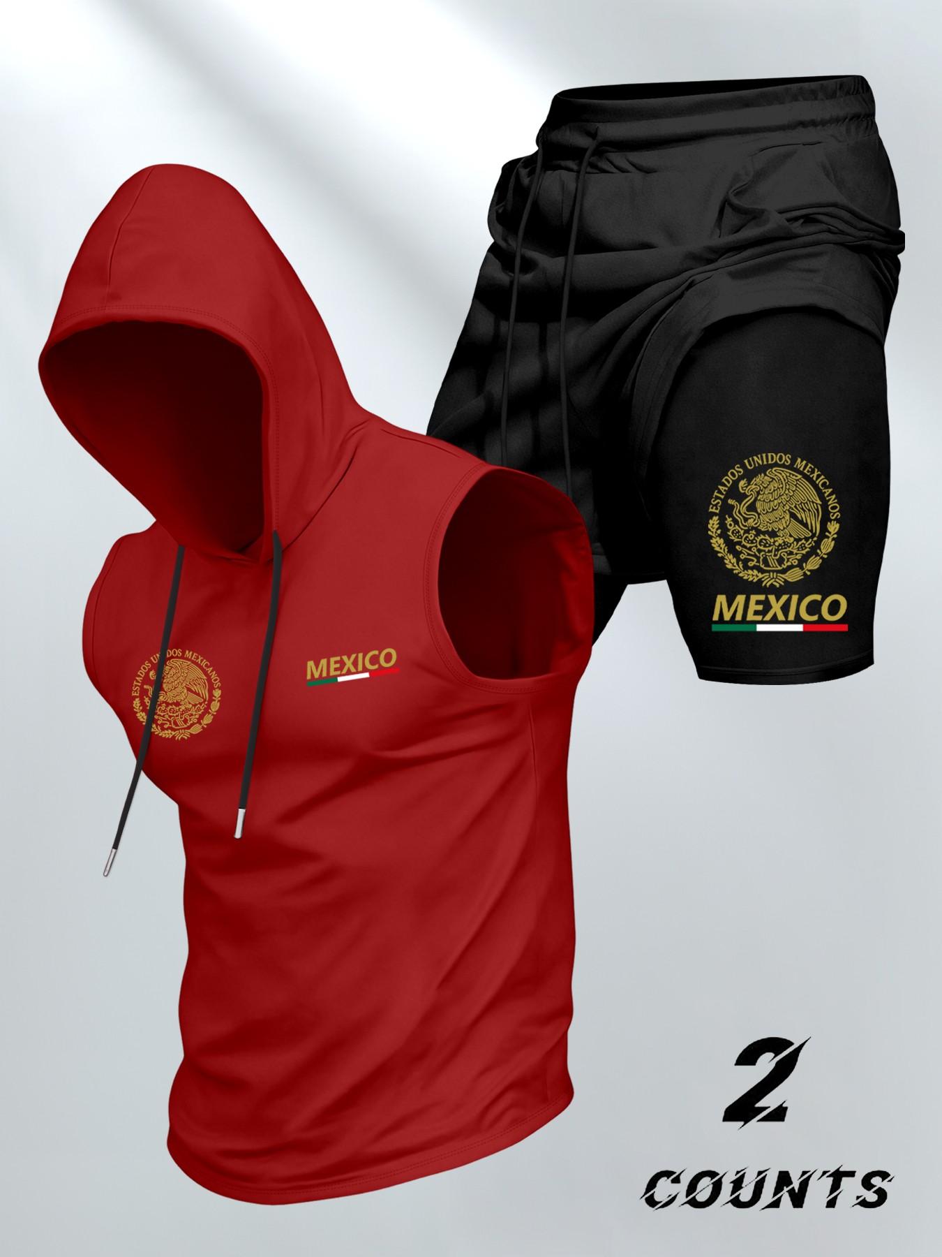 Men's Casual Fashion 2-Piece Sporty Set, Vintage Mexican Emblem Print Hooded Vest and Fake Two-Piece Shorts, Comfortable Trendy Summer Outdoor Sports Wear
