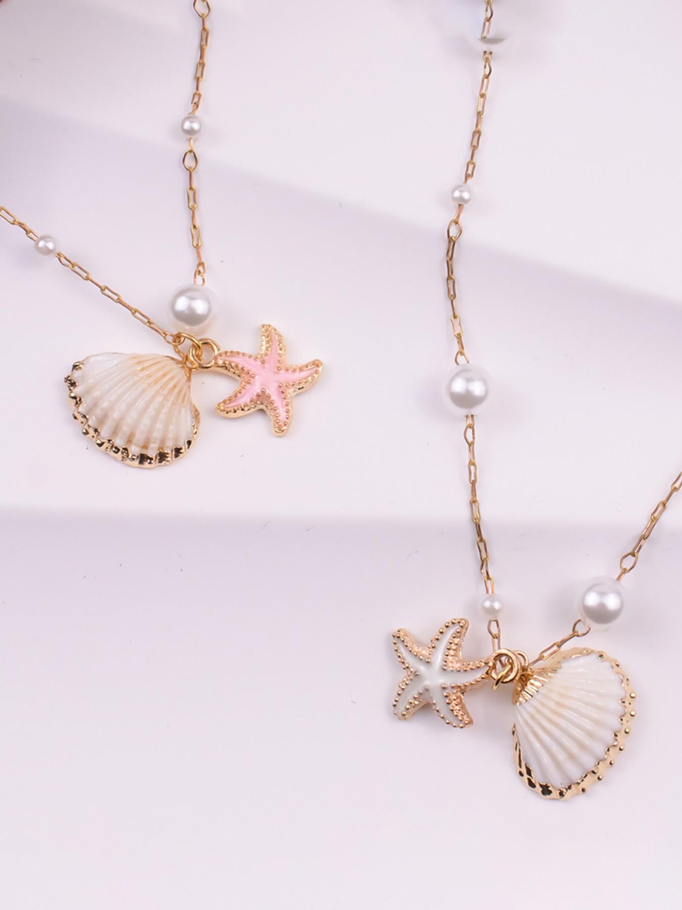 Elegant Beach Style Faux Pearl Beaded Chain Necklace with Natural Shell Lucky Starfish Pendant for Women, Fashion Jewelry Accessory