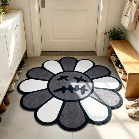 Round Floral Bedroom Rug, Vintage Flower Mat, Floral Washable Rug, Flower Pattern, Soft Comfortable Plush Rug, Hand-Wash Only
