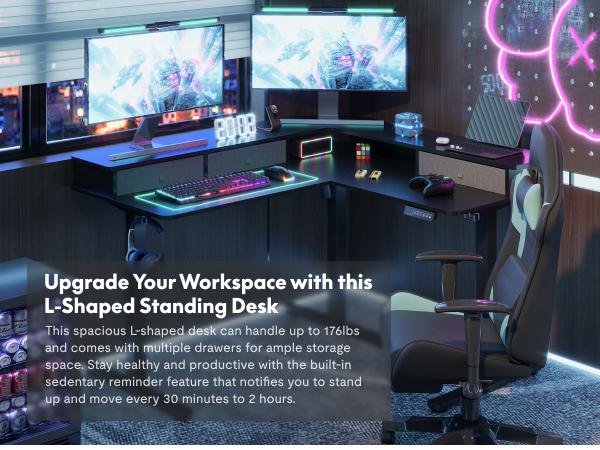 FLEXISPOT L-Shaped Electric Standing Desk with 4 Drawers & USB Charger Adjustable Height  for Home Office Gaming Height Adjustable Home Office Corner Desk with Monitor Shelf