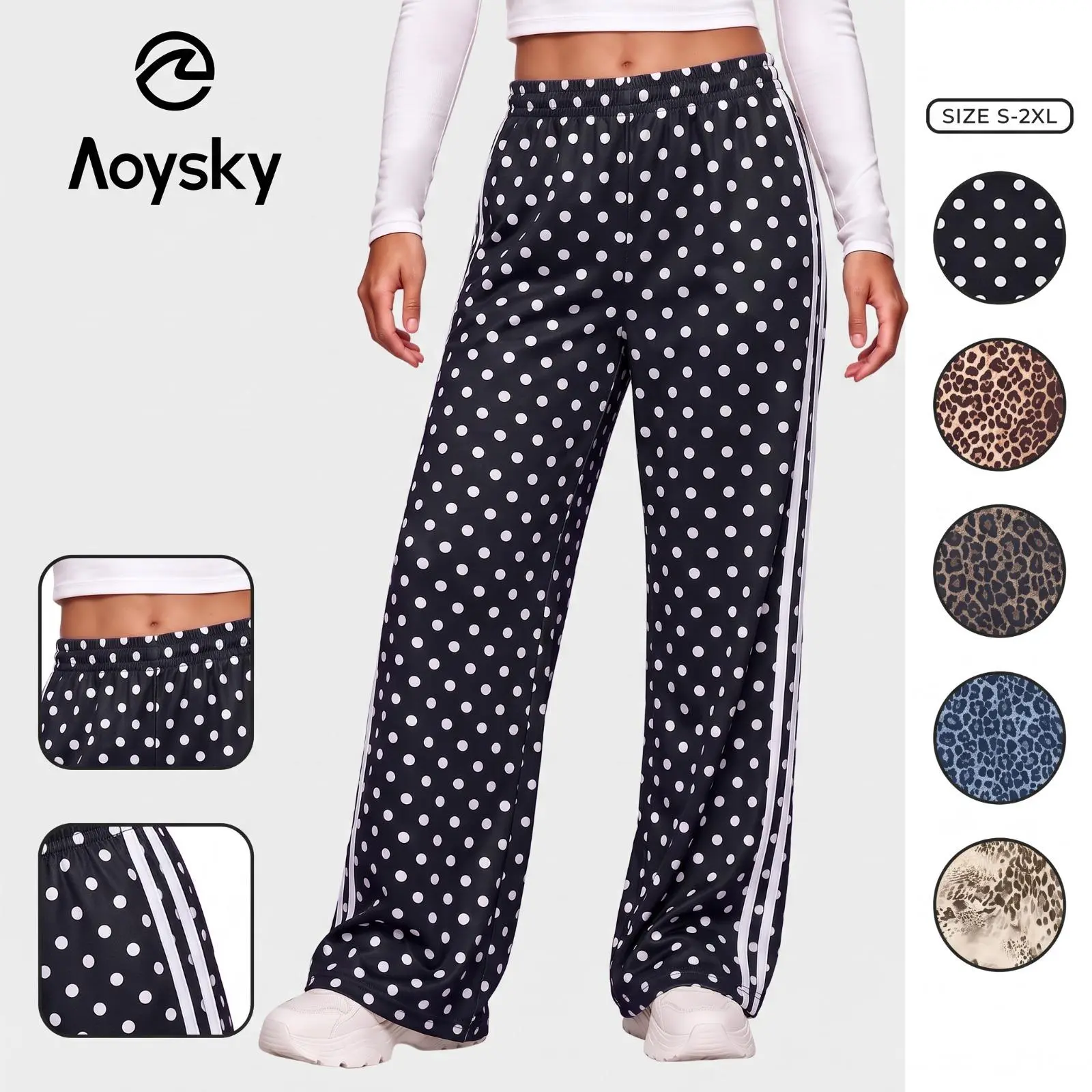 Aoysky Women's High-Waist Flared Pants - Printed, Wide-Leg, Elastic Adjustable Drawstring, Striped Side, Pockets, Lightweight Polyester Elastane Blend, Casual Gym Streetwear, Leopard Print Option for Sweater Pairing