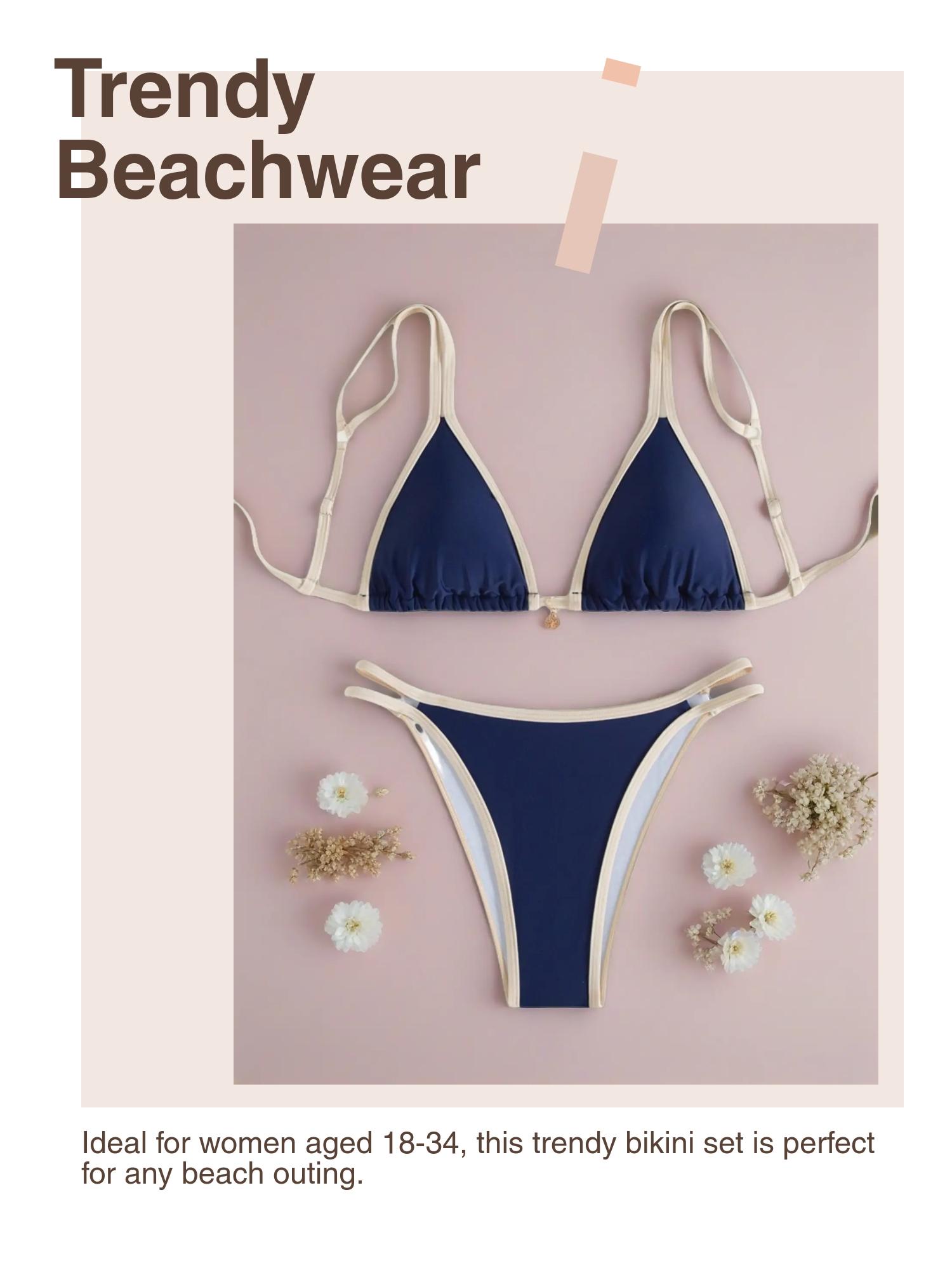 New Color Block Bikini Sexy Set, Colorblock Bikinis Set, Fitted Thin Fabric Swimwear for All Seasons, Sleek Aesthetic Trendy Beachwear for Women