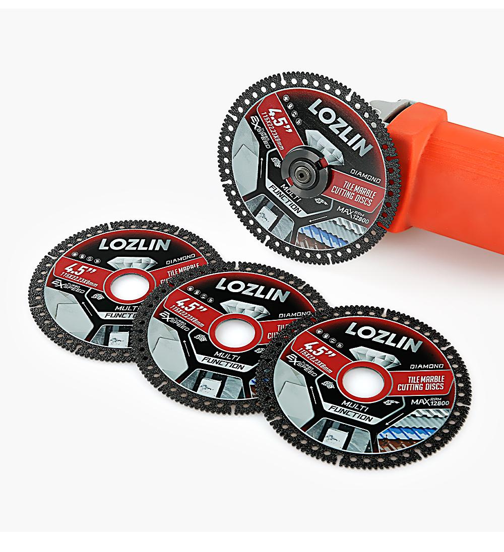 LOZLIN 3PCS 4.5" Multi-functional Diamond Tile Cutting Blades - Ultra-Thin Dry Cutting Dics for Marble, Tile, Ceramic, Metal  - Angle Grinder Saw Blades