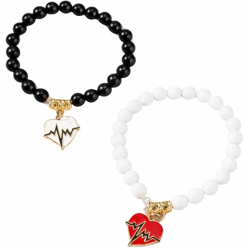 Matching Heartbeat Charm Beaded Bracelets Set for Couples, Stretch Stone Bead Bracelets with Heart ECG Pendant, Friendship and Love