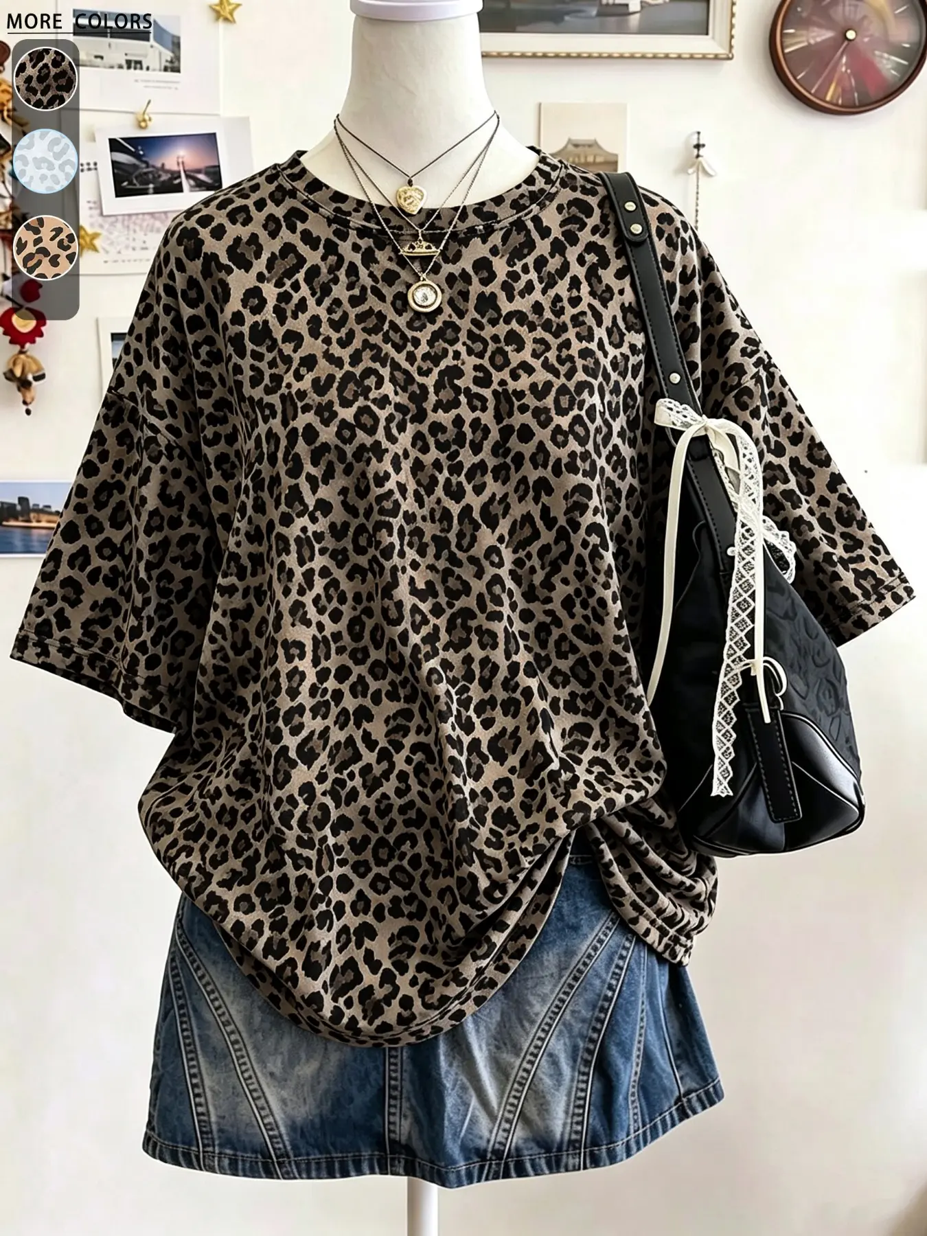 Ladies' retro vintage vintage tree pattern camouflage and maple leaf and leopard print full print fashionable loose round neck off shoulder T-shirt, summer must-have millennium Y2K style T-shirt top, casual clothing