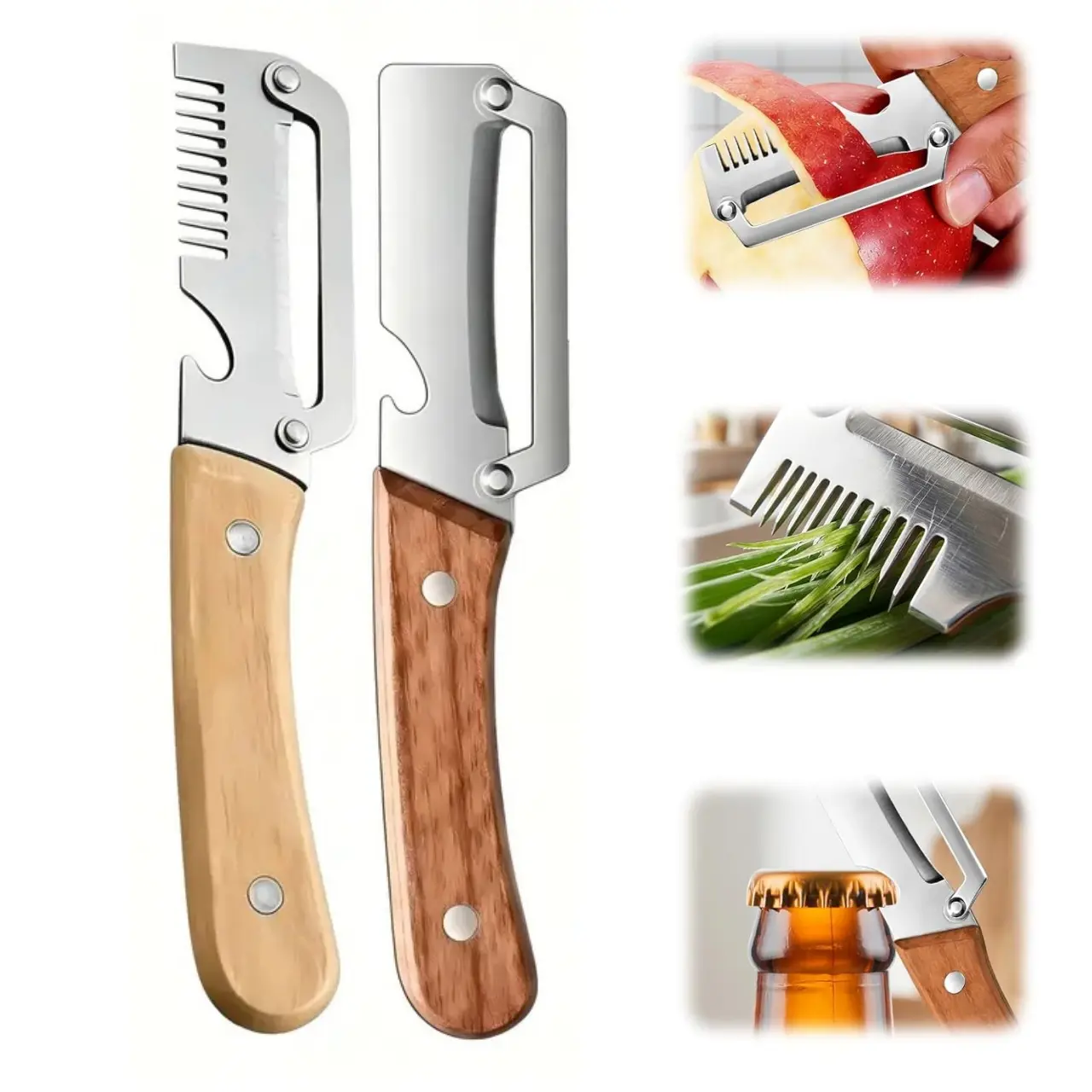 2026 Upgrade Multi-functional Vegetable Peeler With Wooden Handle,  Lightweight Stainless Steel Wide Blade Potato and Carrot Peeler, 3-in-1 Veggie Peeler With Scallion Shredder and Bottle Opener for Kitchen, Camping and Travel, Kitchen Utensils & Gadgets