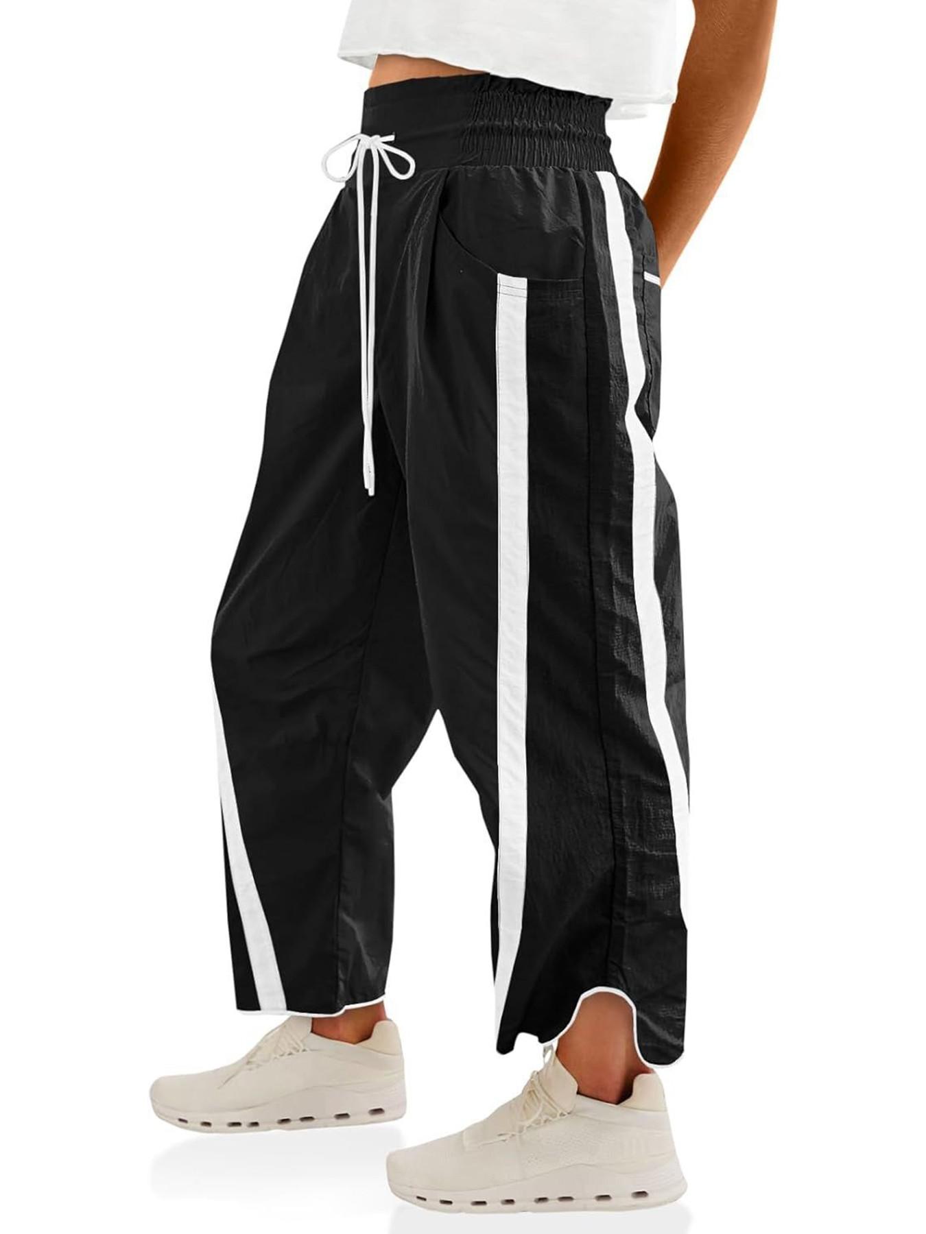 Women's Loose Wide-Leg Pants, Casual Drawstring Elastic Waist Colorblock Sportswear, Fashion Y2K Nine-Quarter Pants, All Seasons