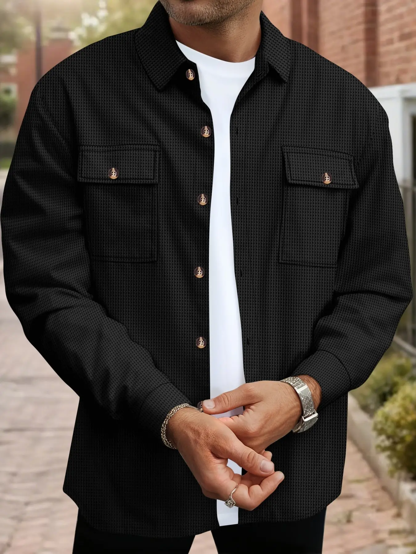 Men's Textured Waffle Fabric Long Sleeve Workwear Shirt Jacket, Front Button Closure, Flap Pockets, Casual Everyday Versatile Outerwear