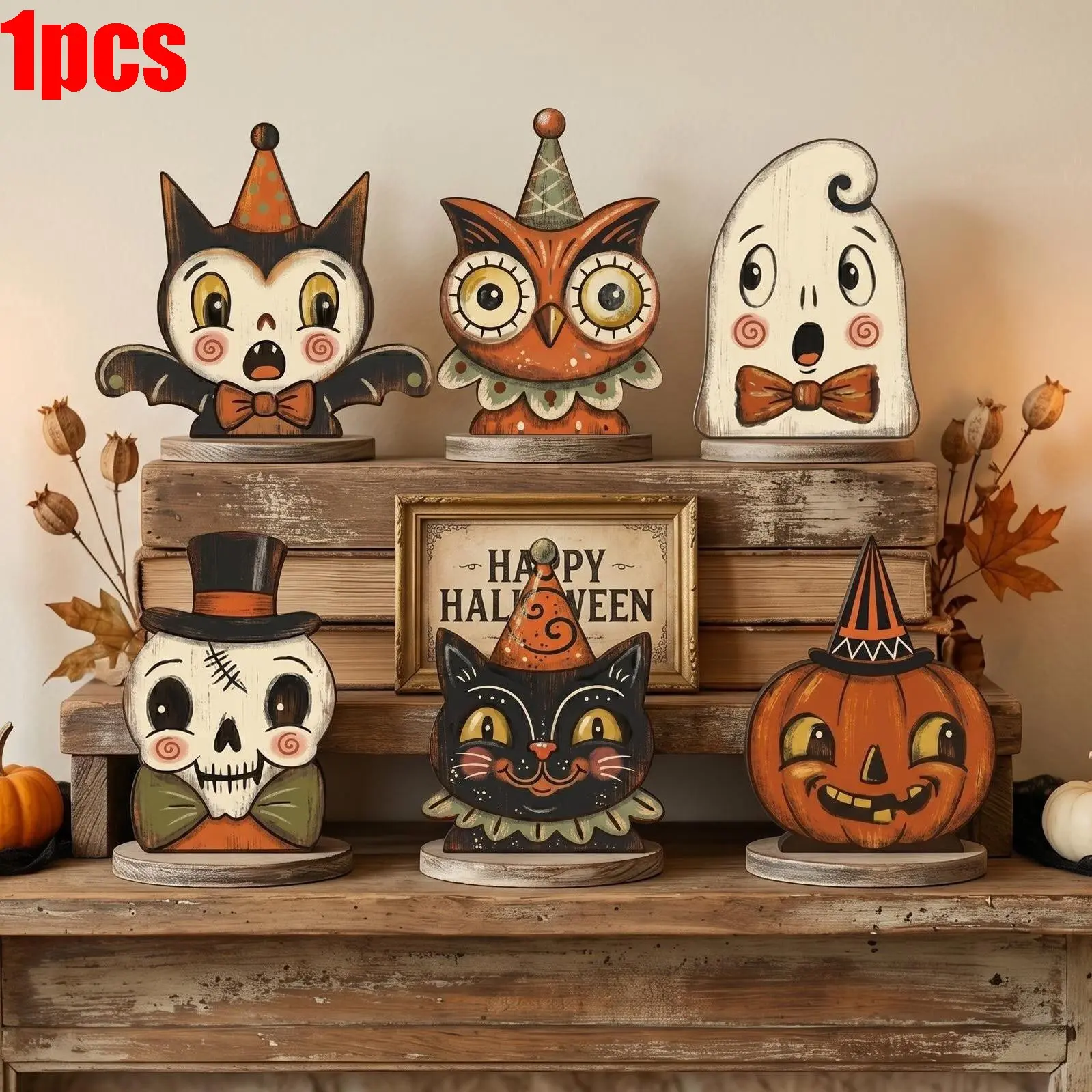 Vintage Halloween Indoor Decorations, Fall Seasonal Gift Ornaments, Retro Wooden Blocks for Shelf Decoration, Ghosts, Cats, Pumpkins, Skulls, Witches, Cats, Owls, Zombies, Vampires