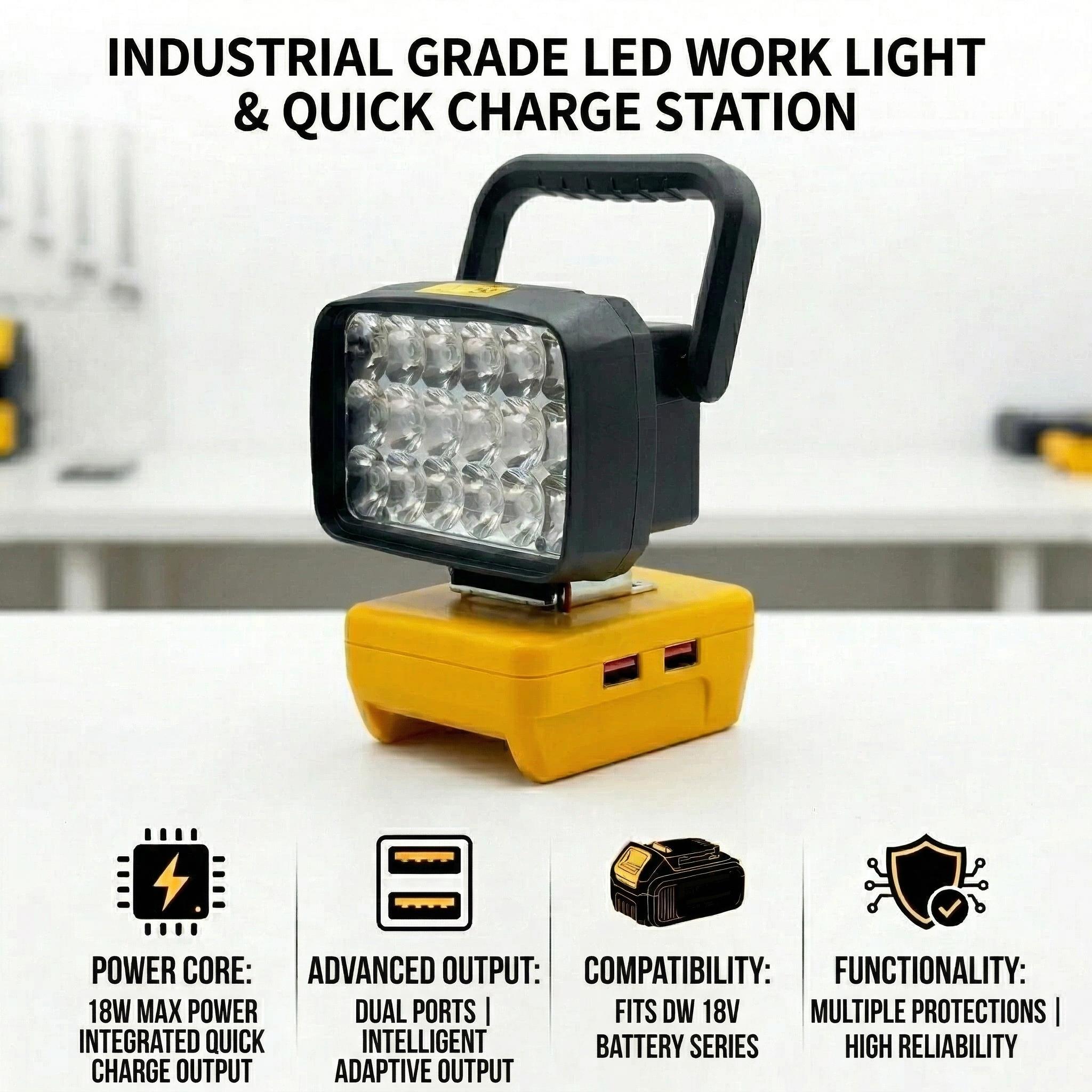18 LED Work Light Spotlight USB Output, Compatible with Dewalt 18-20v Dcb200 Battery, Portable and Efficient Lighting Solution