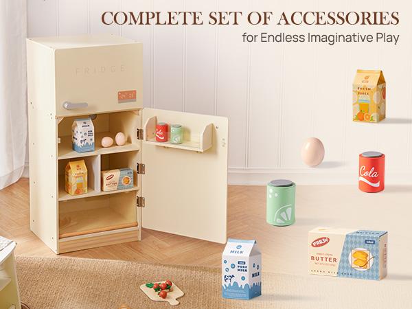 Play Kitchen Toy Fridge Fryer - Wooden Toy Refrigerator with Accessories, Pretend Play Kitchen Set for Kids & Toddlers, Freezer with Play Food for Ages 3+