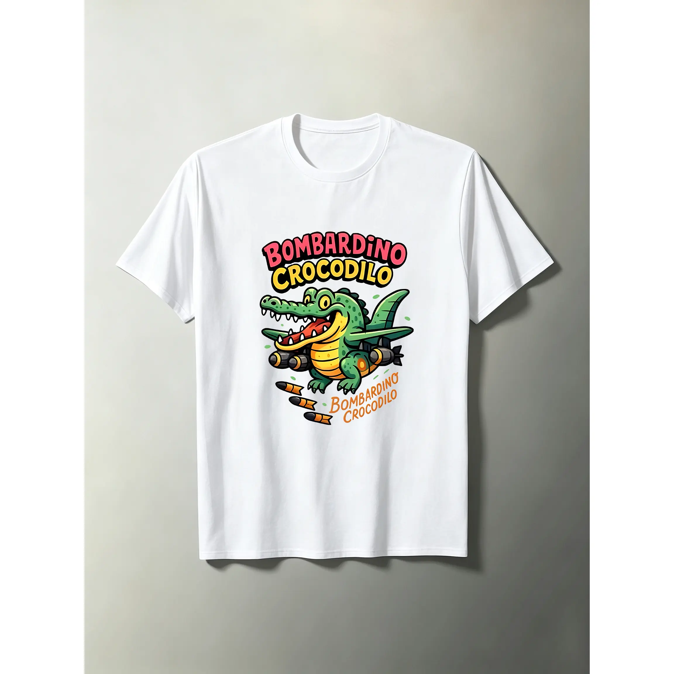 Unisex Crew Neck Short Sleeve Graphic Tee, Bombardino Crocodilo Funny Cartoon Jet Crocodile Print Top, Breathable Lightweight Casual Streetwear, Black & White, for Sports & Outdoor Wear