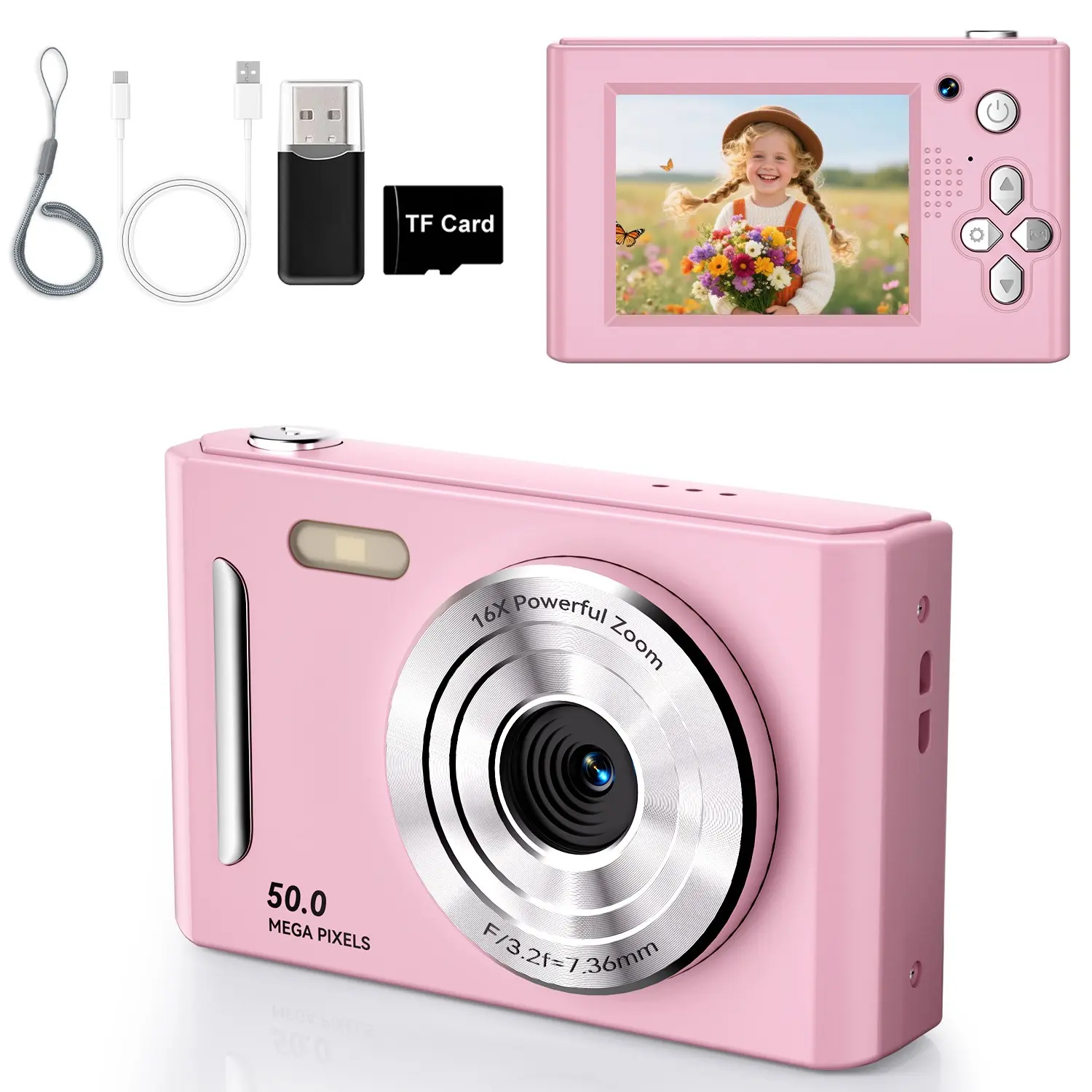 Digital Camera for Kids,Front and Rear Cameras，With Memory Card and Card Reader, Anti Shake 8X Zoom Compact Volg Cameras, Portable Small Digicam Gift for Kids, Ages Teen Girl Boy