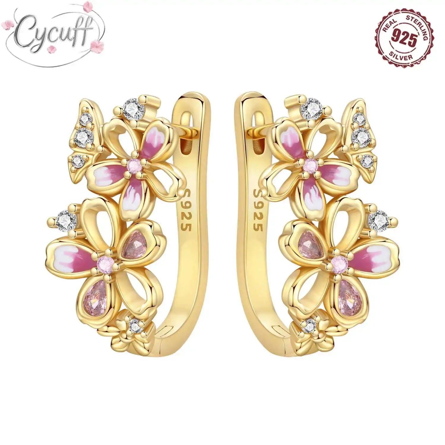 2026 New 925 Sterling Silver 18K Gold Plated Cherry Blossom Butterfly Hoop Earrings Fashion Simple Party Jewelry Gifts for Women