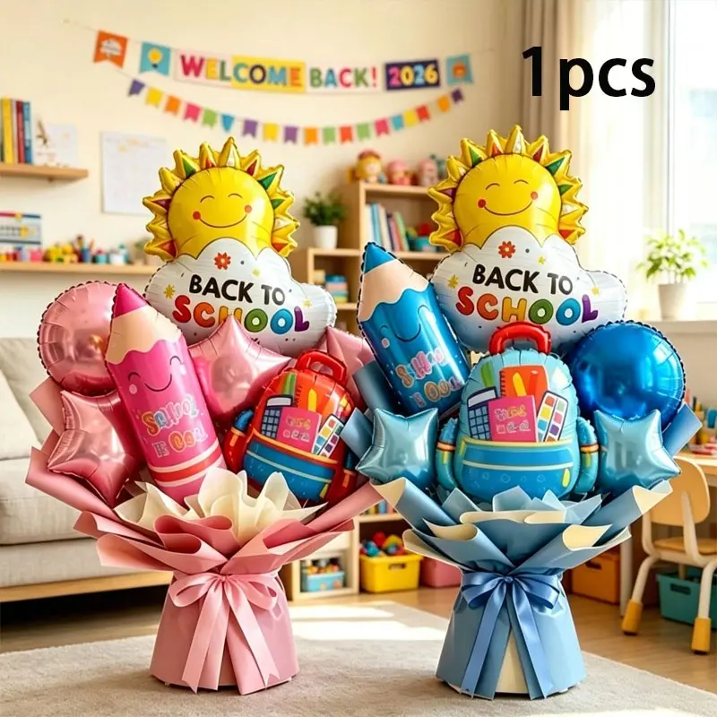 10-piece/17-piece Back-to-School Blue/Pink Foil Balloon Bouquet (bouquet paper not included); creative stationery-themed foil balloon set featuring back-to-school motifs such as suns, pencils, and backpacks; ideal for back-to-school and Party decorations