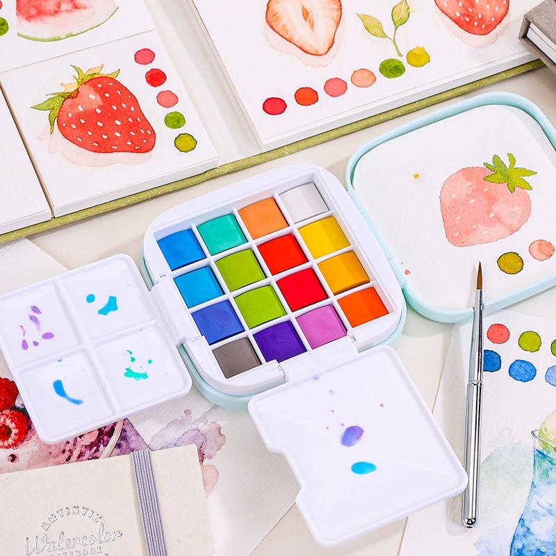 Travel Watercolor Paint Set - Artist Bundle 16 Colors with Palette,Portable Watercolor Travel Kit with Brush, Coloring Card, Brush Washing Box for Adults, Artists & Professionals