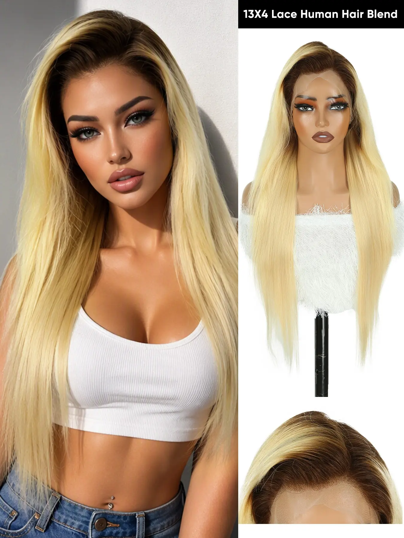 28 inch Balayage Wig Highlight Ombre Brown Gold Straight Human Hair Blend Premium Fiber,13X4 Lace Front Wig Middle Part Lace Closure Wig,Beginner Friendly,Synthetic Front Lace Wig For Women Used Daily Party Cosplay Halloween And Christmas Hair Style