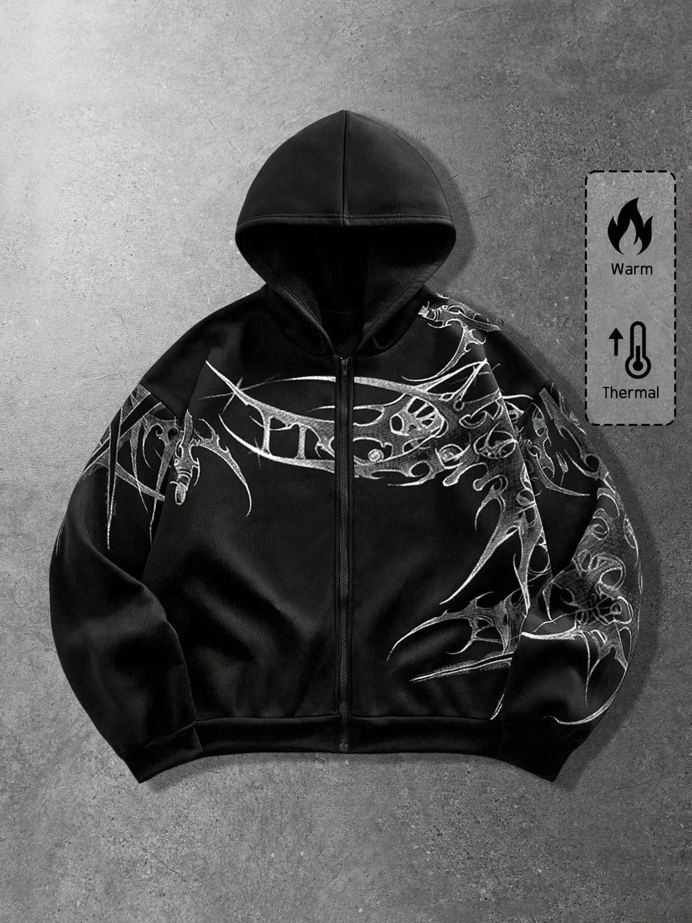 Men's Black Silver Tribal Thorn Graphic Print Thermal Full Zip Hoodie Zip Up Hooded Sweatshirt Zipper Hoodie, Drawstring Hood Long Sleeve Loose Fit Gothic Dark Streetwear Y2K Vintage Casual Daily Top