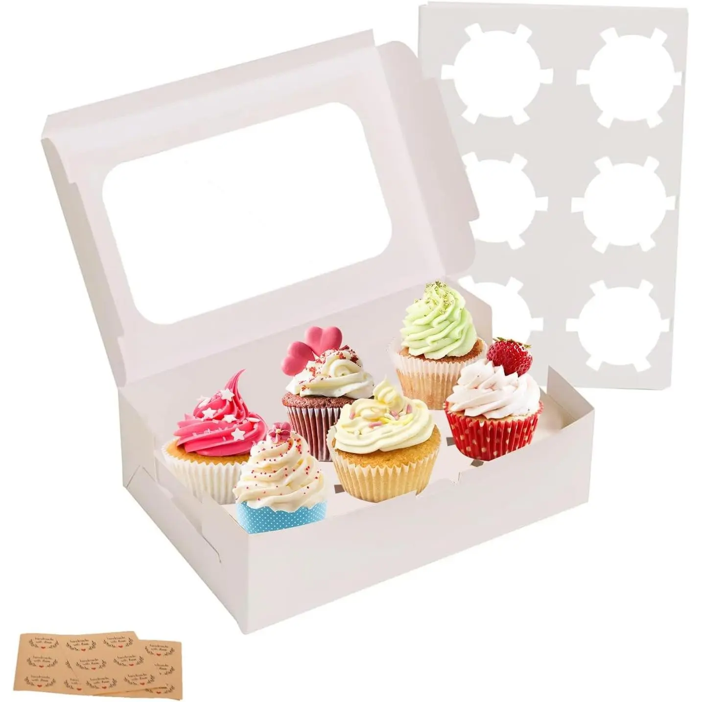 50 Packs Cupcake Boxes,9.4x6.1x3.14 Inches 6 Count Cupcake Box,White Cupcake Containers with Clear Window and Six Treat Holder,Pastry and Cookie Boxes,Bakery Boxes