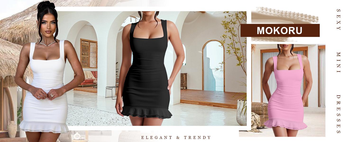 Mokoru Valentine's Day Sexy Bodycon Mini Dress | Spring Date Night Square Neck Ruffle Hem Tank Dress | Elegant Ruched Party Club Dress for Women | Romantic Spring Festival Outfits Mokoru Valentine's Day Sexy Bodycon Mini Dress | Spring Date Night Square Neck Ruffle Hem Tank Dress | Elegant Ruched Party Club Dress for Women | Romantic Spring Festival Outfits