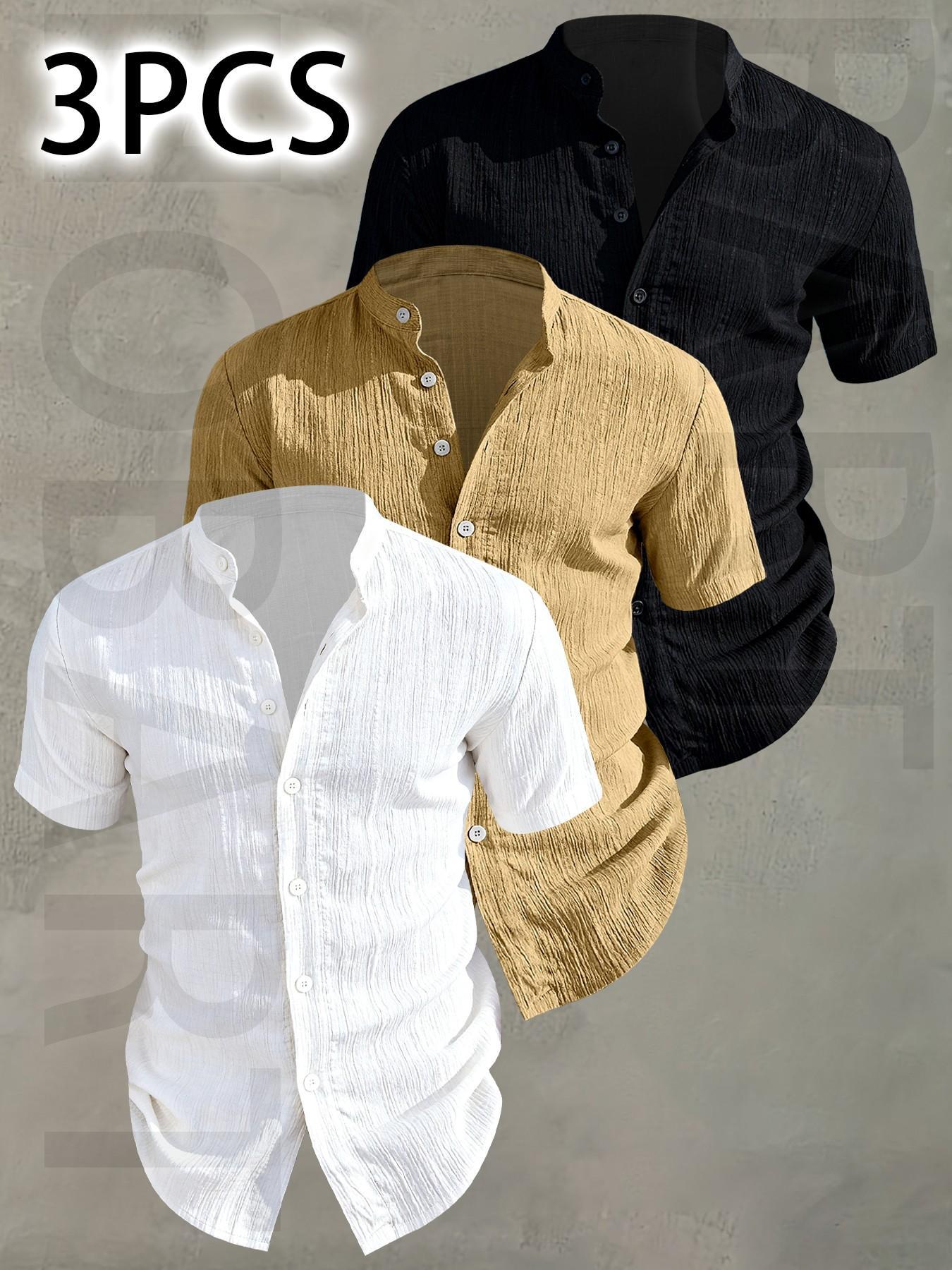 3pcs Men's Summer Short Sleeve Shirts, Lightweight Breathable Plain Solid Color Button-Up Casual Menswear Tops with Stand Collar, Casual Attire, Low-Cut Neckline Shirts for Beach, Pool Parties and Vacation, Gift for Husband 3pcs Men's Summer Short Sleeve Shirts, Lightweight Breathable Plain Solid Color Button-Up Casual Menswear Tops with Stand Collar, Casual Attire, Low-Cut Neckline Shirts for Beach, Pool Parties and Vacation, Gift for Husband