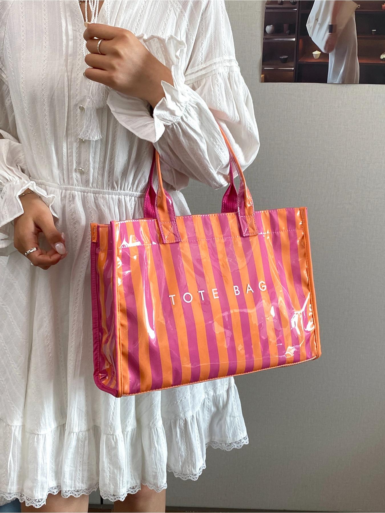 Fashion Multi Color Striped Women Tote Bag Minimalist Style PVC Shoulder Bag Daily Commute Shopping All Match Ladies Handbag For Work Daily Travel Shopping