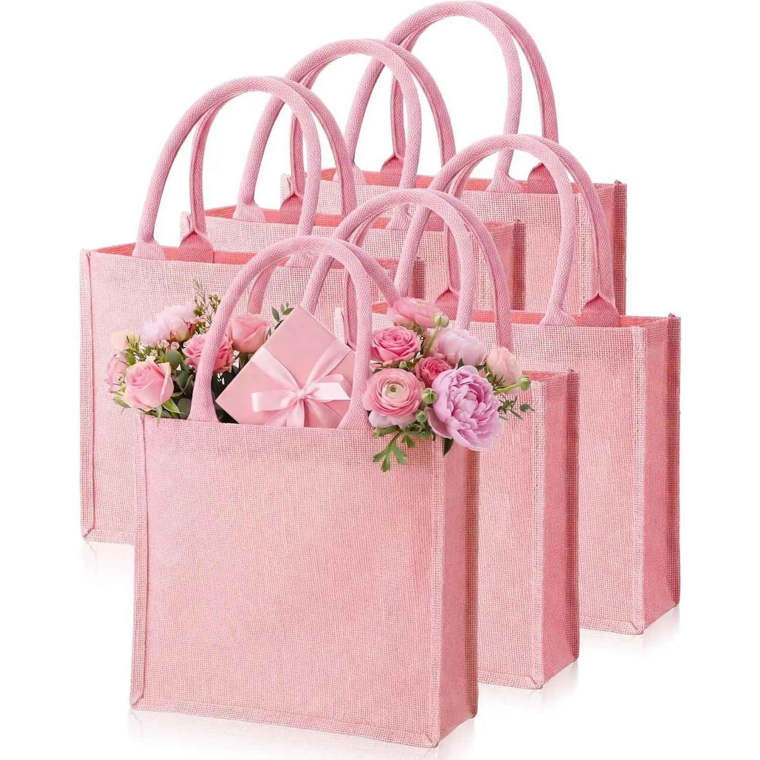 Kinlop Pink Laminated Jute Fabric Tote Bags (12x11x4.7"), 6-Piece Waterproof Reusable Bags with Sturdy Handles & Lined Interior, Wedding Favor Souvenir for Bridal Shower Flower Bouquet Holder