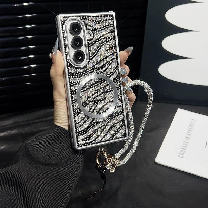 Compatible with Z Fold7/Z Fold6/Z Fold5/Z Fold4/Z Fold3 | Rhinestone Magnetic Lanyard Full Wrap Shockproof Large Fold Phone Case HNZ0483