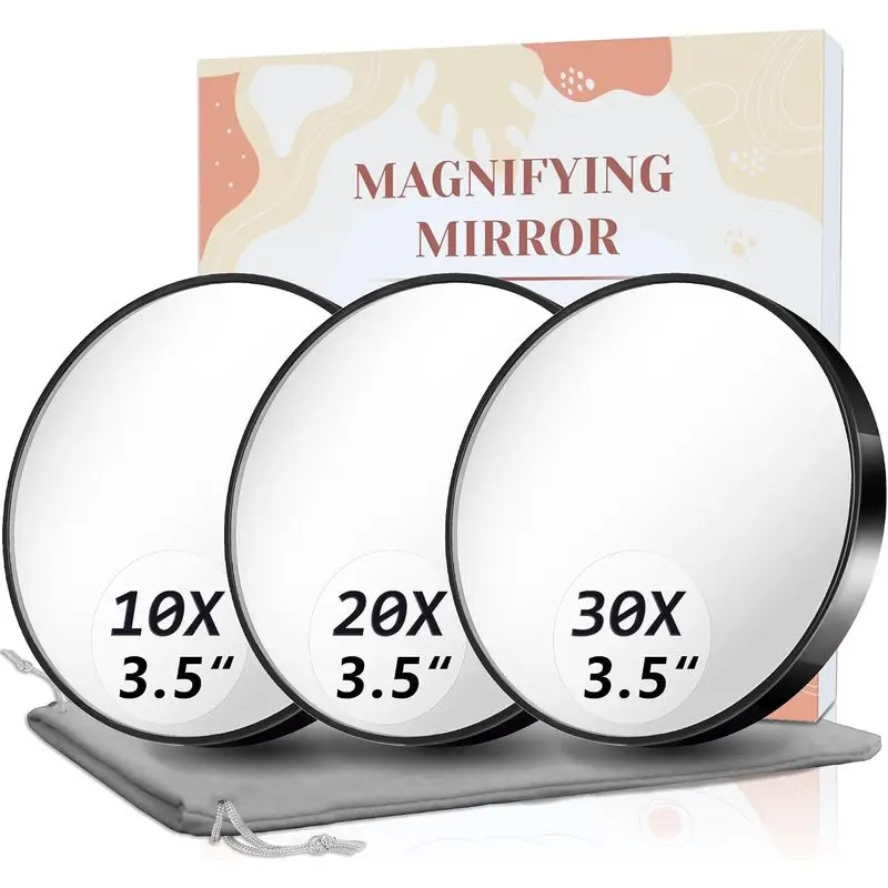 Magnifying Mirror, 10X & 20X & 30X Set, Magnified Mirrors 3.5" with Two Suction Cups, Travel Magnifying Mirror Set Comes with Portable Storage Bag, Compact Small Magnified Mirrors for Travel(Black)