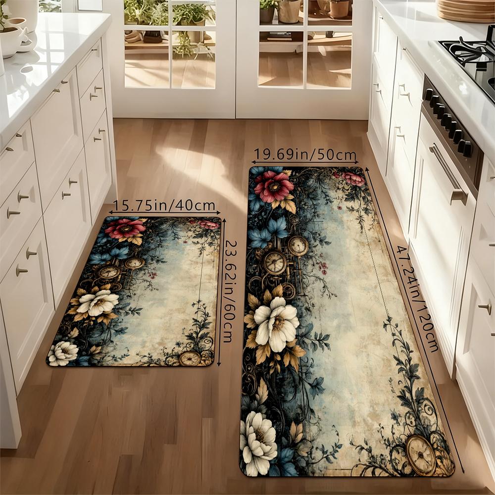 Vintage Steampunk Floral Kitchen Rug Set, Retro Victorian Flower Clock Non-Slip Washable Floor Mats, Aesthetic Botanical Runner Rugs for Kitchen, Living Room & Home Decor