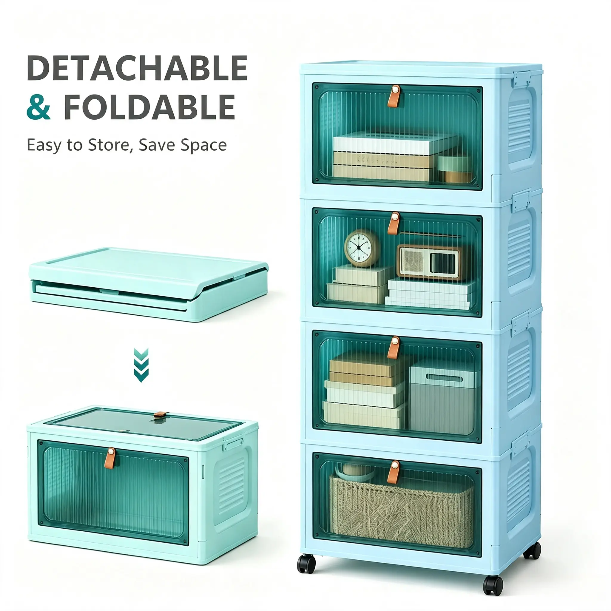 4 Tier Plastic Storage Bins with Lid 23QT - Stackable Storage Containers with Wheels, Folding Storage Boxes, Collapsible Storage Bins, Closet Organizers and Storage